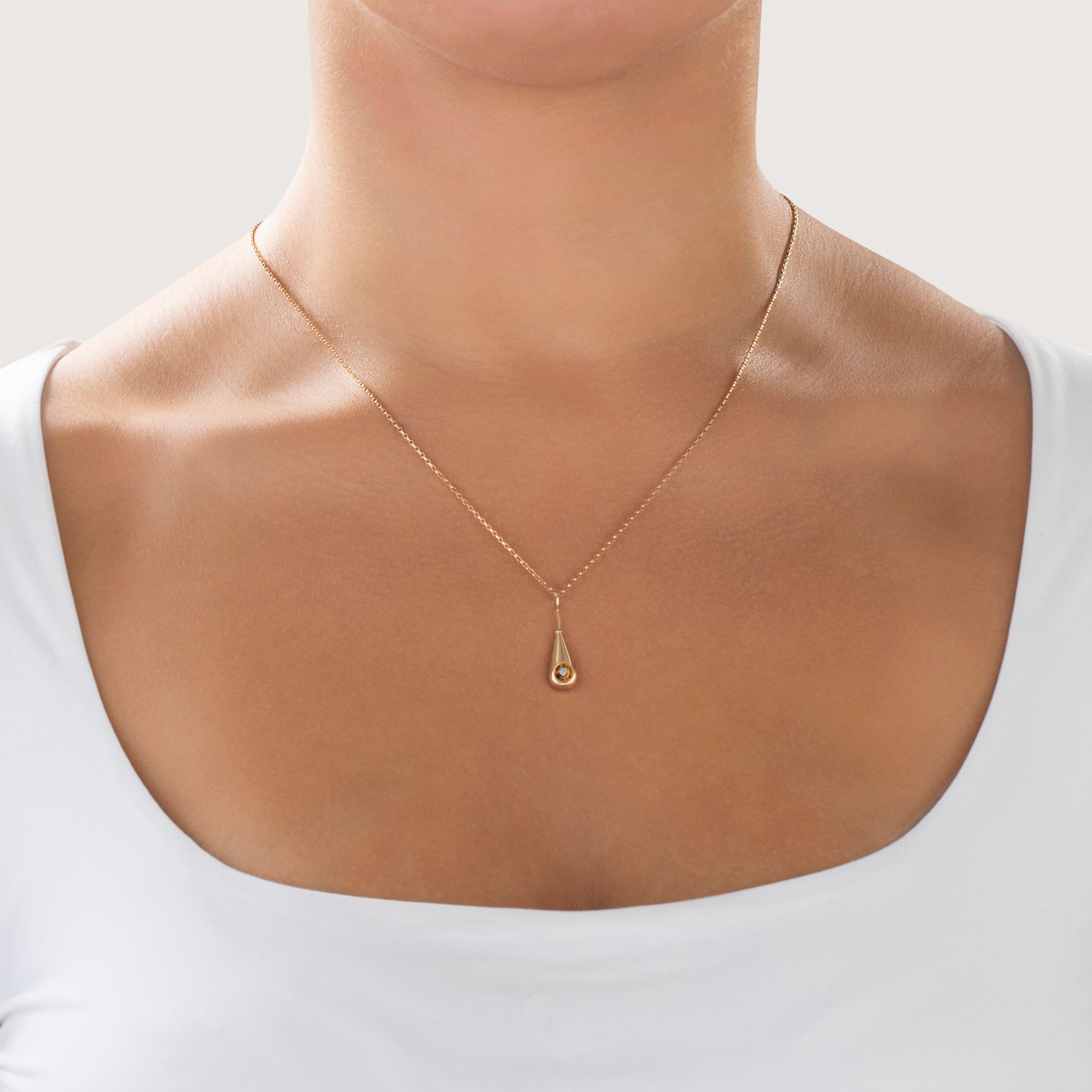 Antique 14k Yellow Gold Opal Chic Nestled Drop Pendant - On model view