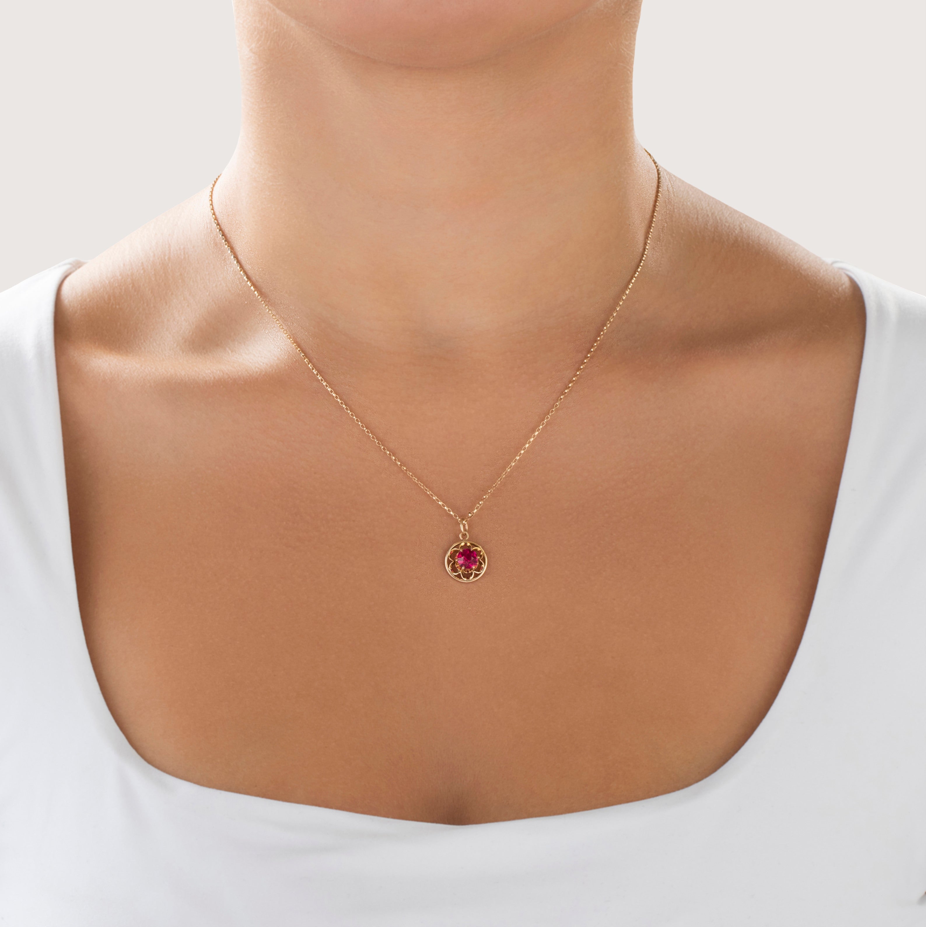 Antique 14k Rosy Yellow Gold 1ct Synthetic Ruby Belcher-Set Charm / Pendant - On model view