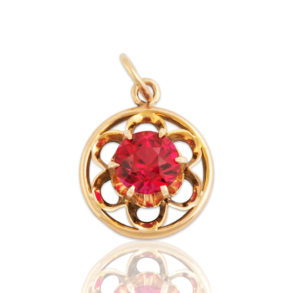 Antique 14k Rosy Yellow Gold 1ct Synthetic Ruby Bright Buttercup Charm / Pendant