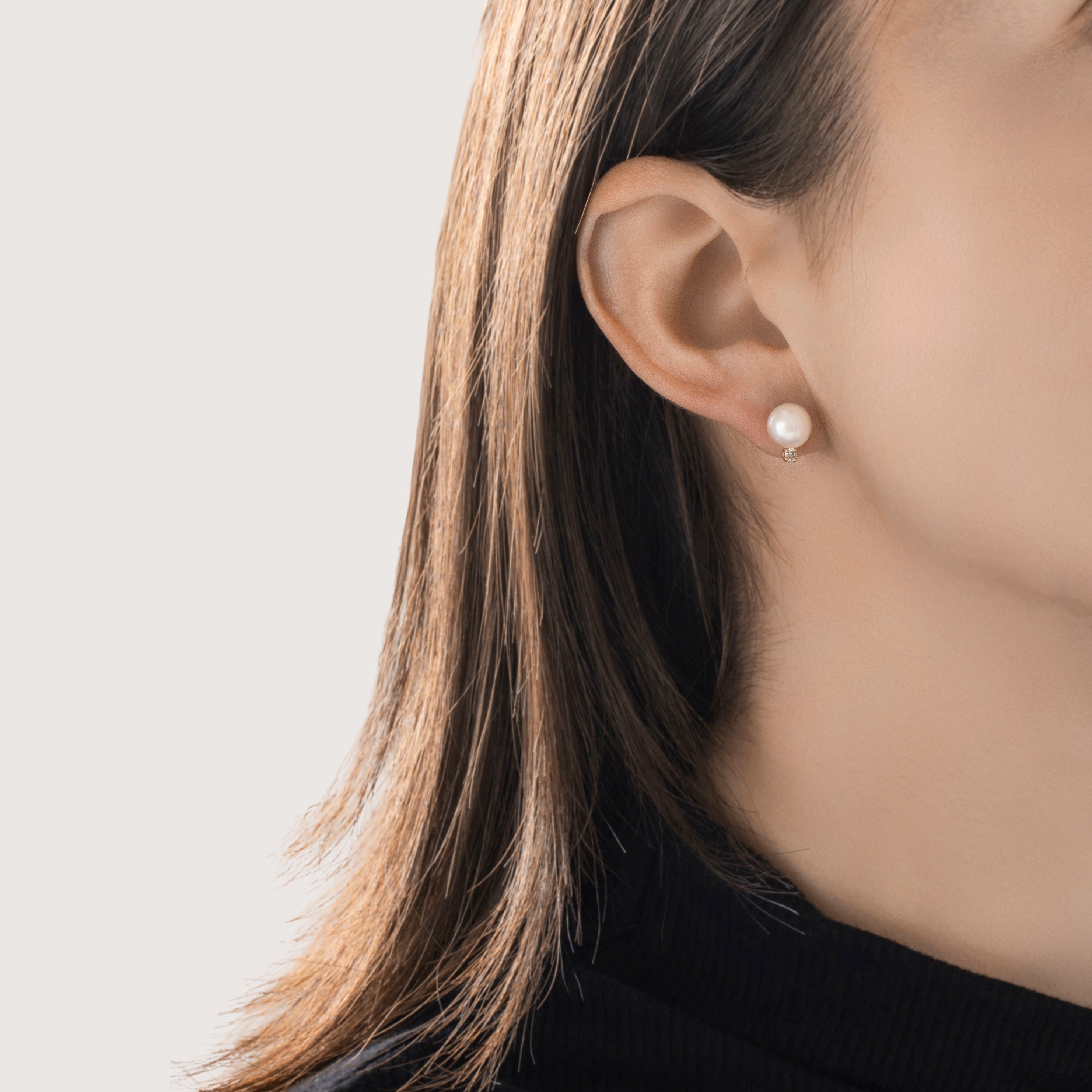 Vintage 14k Yellow Gold Pearl Diamond Pale Pink Glowing Duo Stud Earrings - On model view