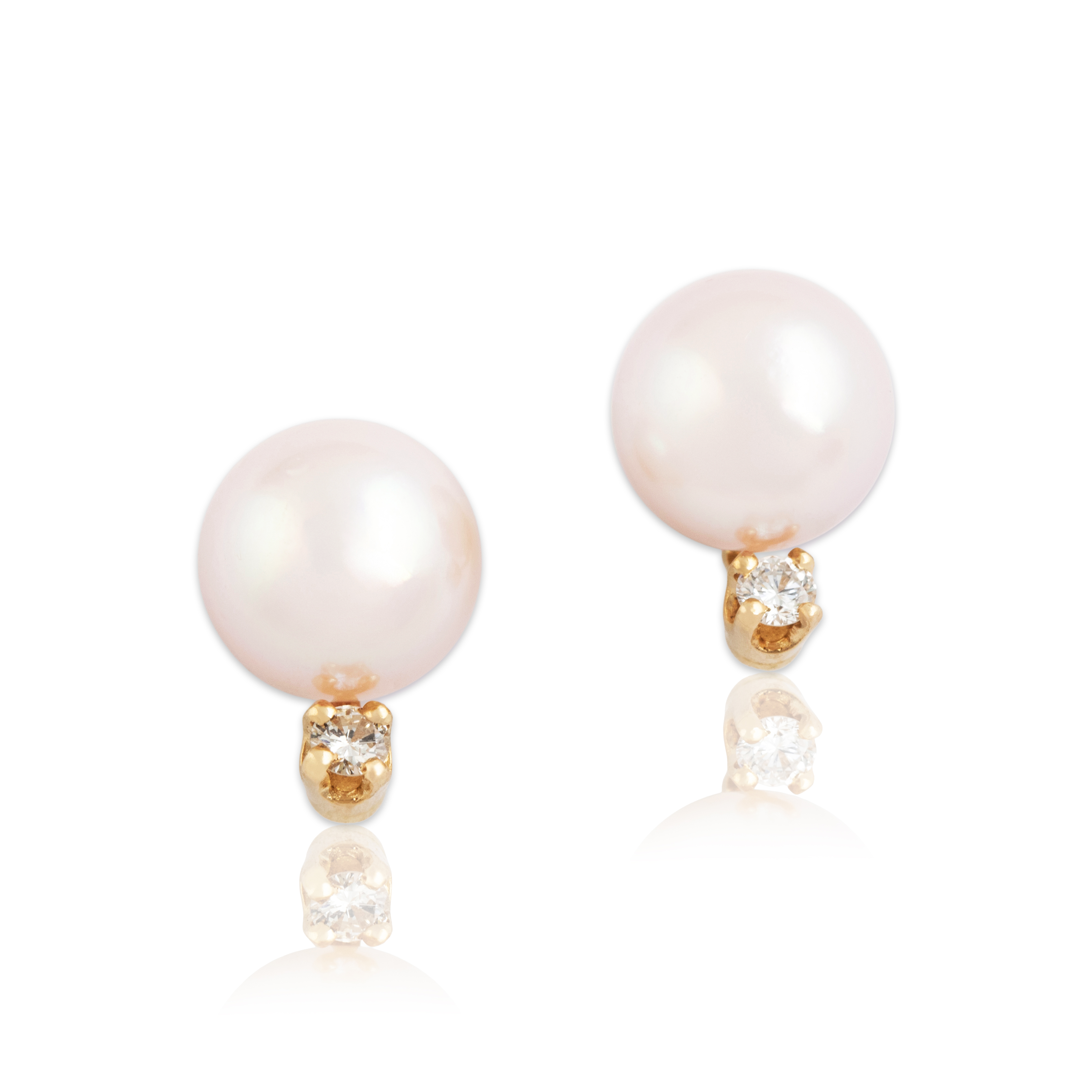 Vintage 14k Yellow Gold Pearl Diamond Pale Pink Glowing Duo Stud Earrings