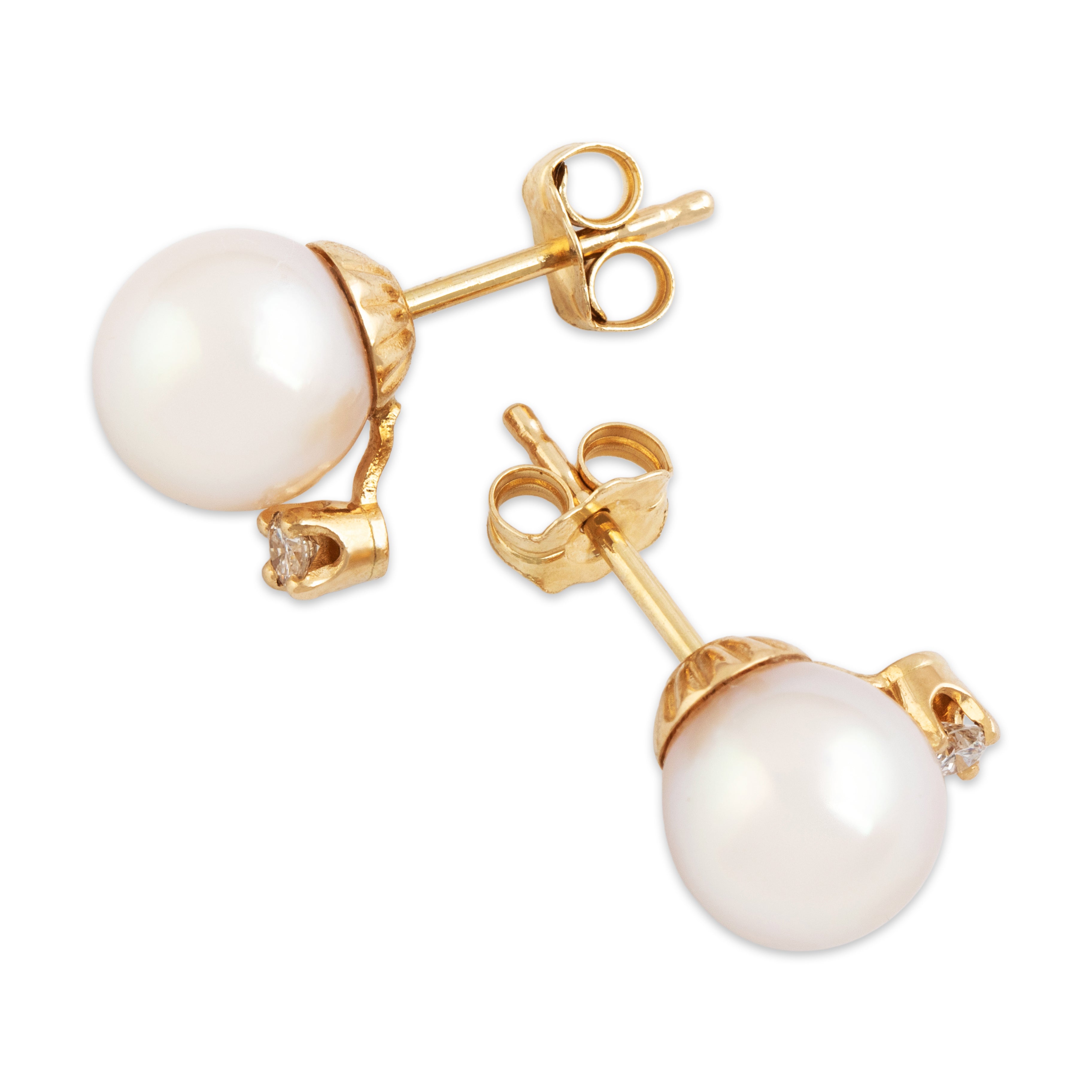 Vintage 14k Yellow Gold Pearl Diamond Pale Pink Glowing Duo Stud Earrings - Overall view