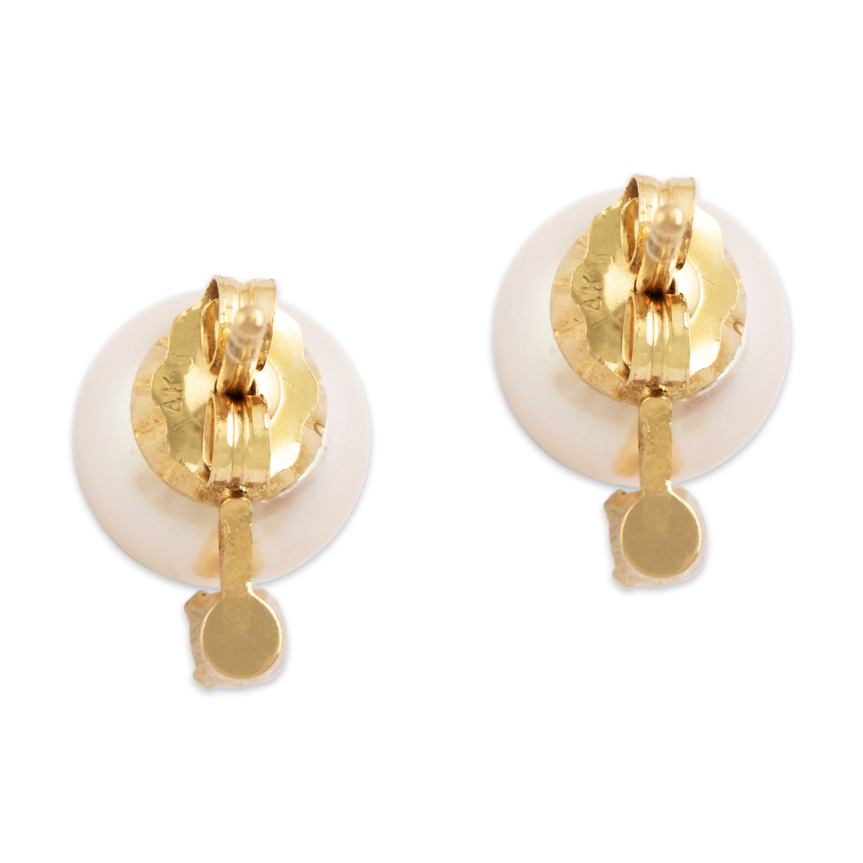 Vintage 14k Yellow Gold Pearl Diamond Pale Pink Glowing Duo Stud Earrings - Back view