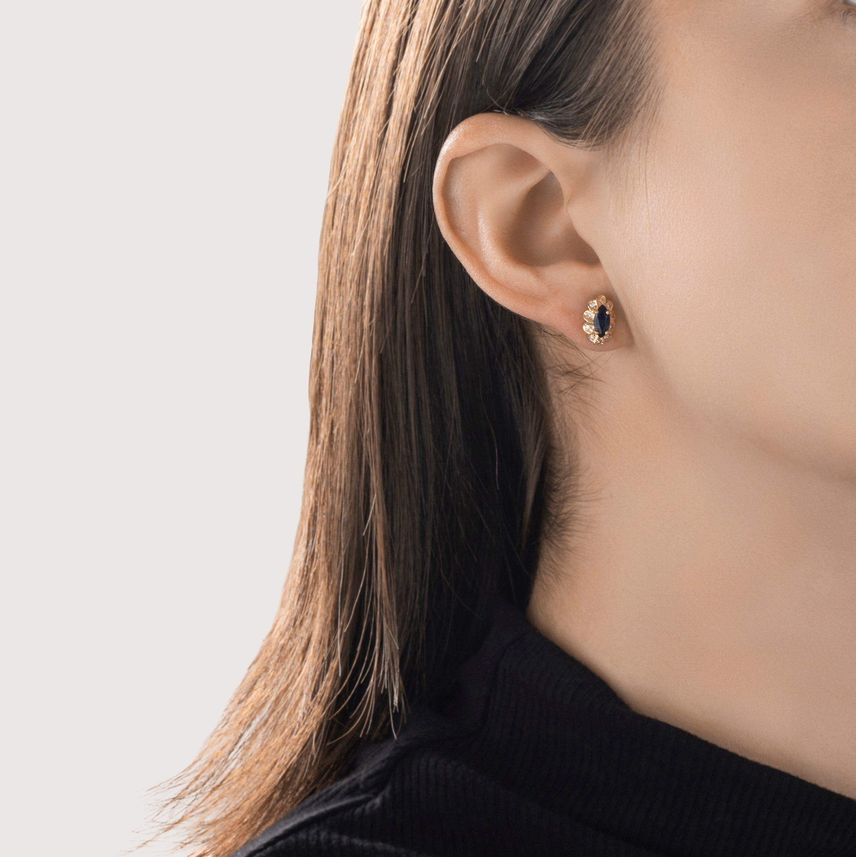 Vintage 14k Yellow Gold Blue Sapphire Diamond Ruffled Marquise Stud Earrings - On model view