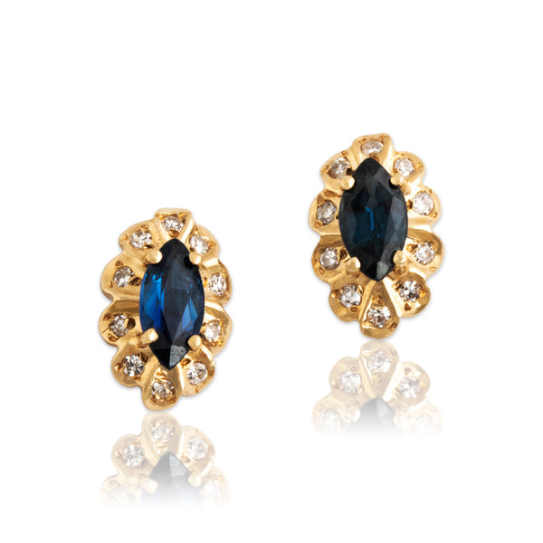 Vintage 14k Yellow Gold Blue Sapphire Diamond Ruffled Marquise Stud Earrings