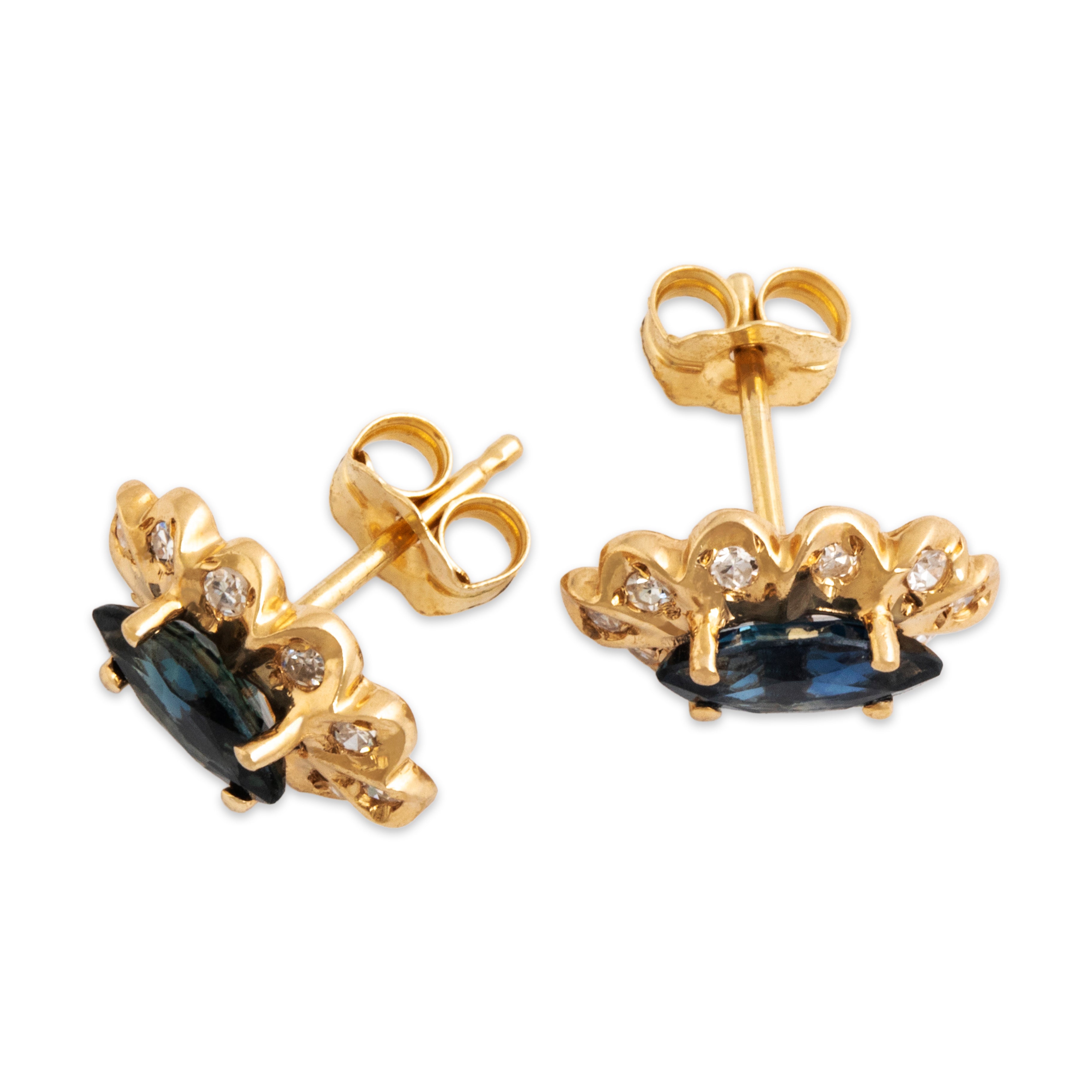 Vintage 14k Yellow Gold Blue Sapphire Diamond Ruffled Marquise Stud Earrings - Overall view