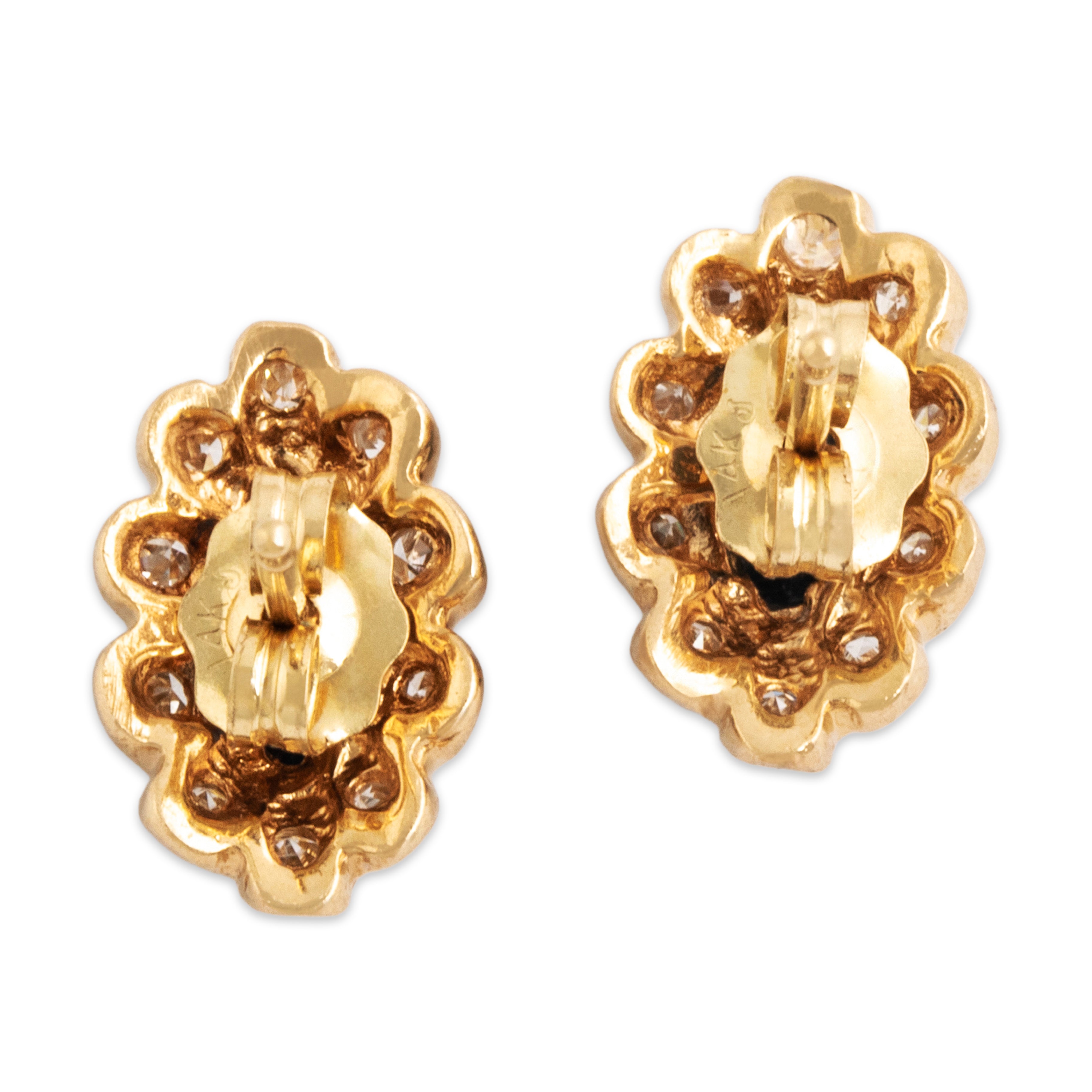 Vintage 14k Yellow Gold Blue Sapphire Diamond Ruffled Marquise Stud Earrings - Back view