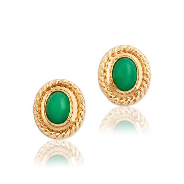 Vintage Lightweight 14k Yellow Gold Green Glass Braided Stud Earrings