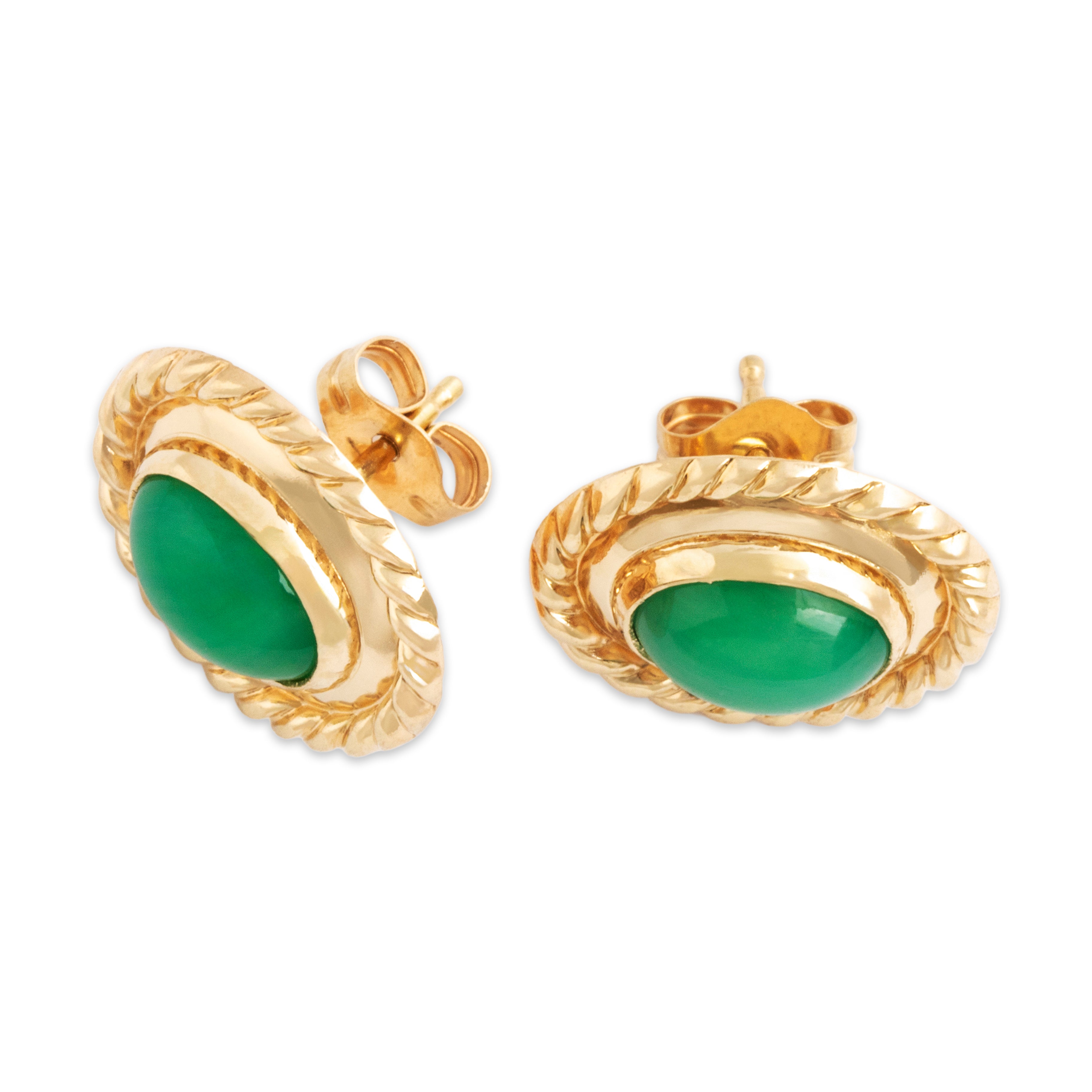 Vintage Lightweight 14k Yellow Gold Green Glass Braided Stud Earrings - Overall view