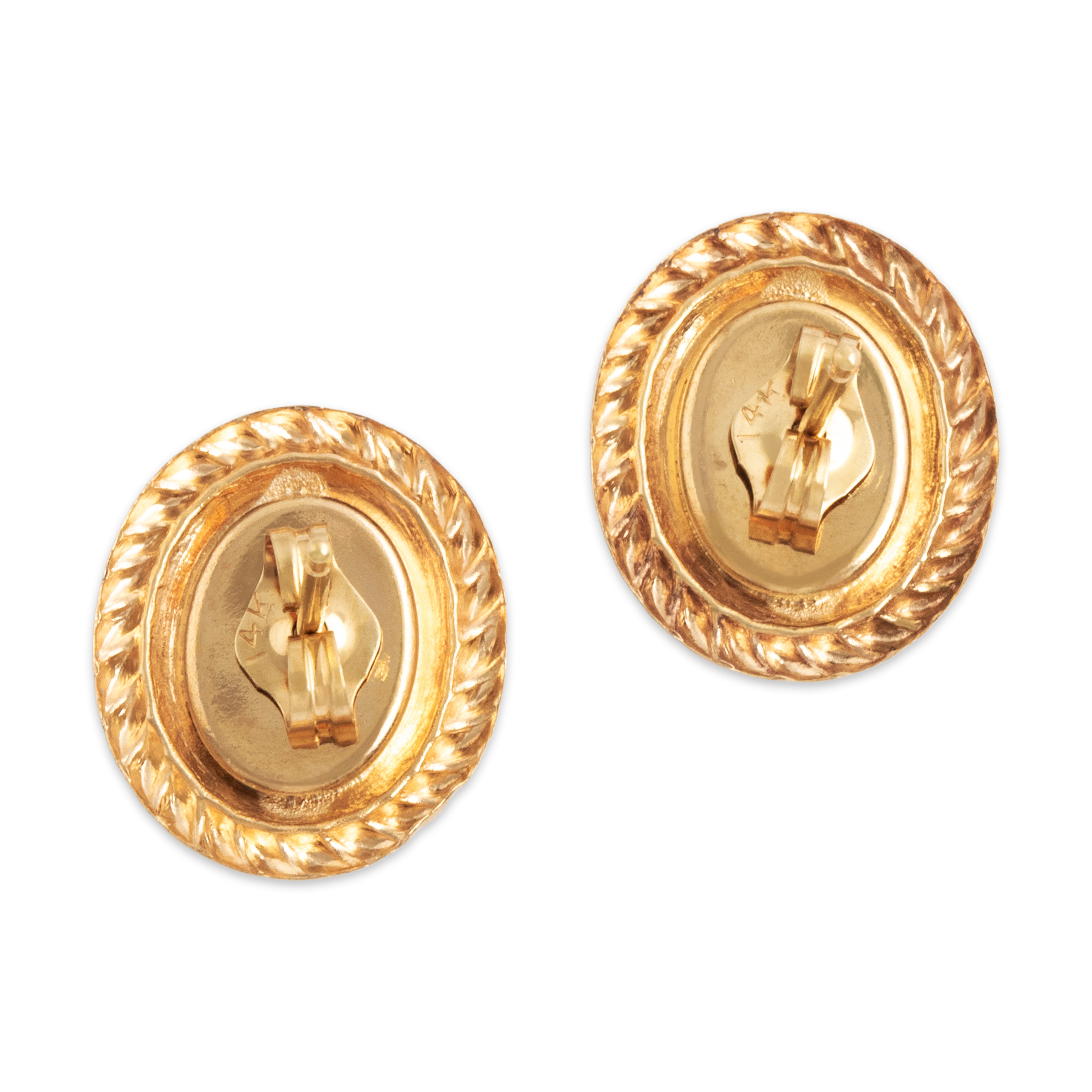 Vintage Lightweight 14k Yellow Gold Green Glass Braided Stud Earrings - Back view