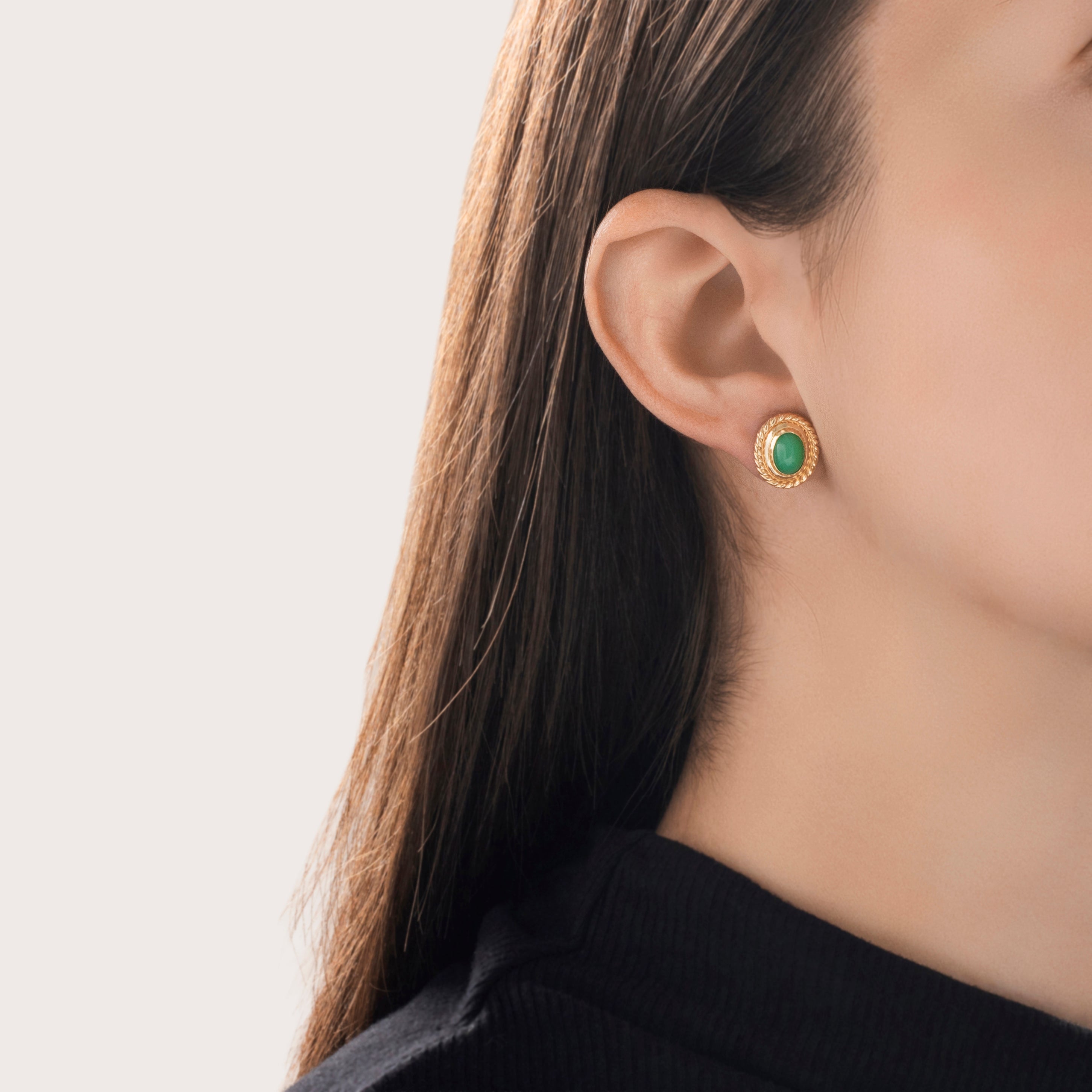 Vintage Lightweight 14k Yellow Gold Green Glass Braided Stud Earrings - On model view