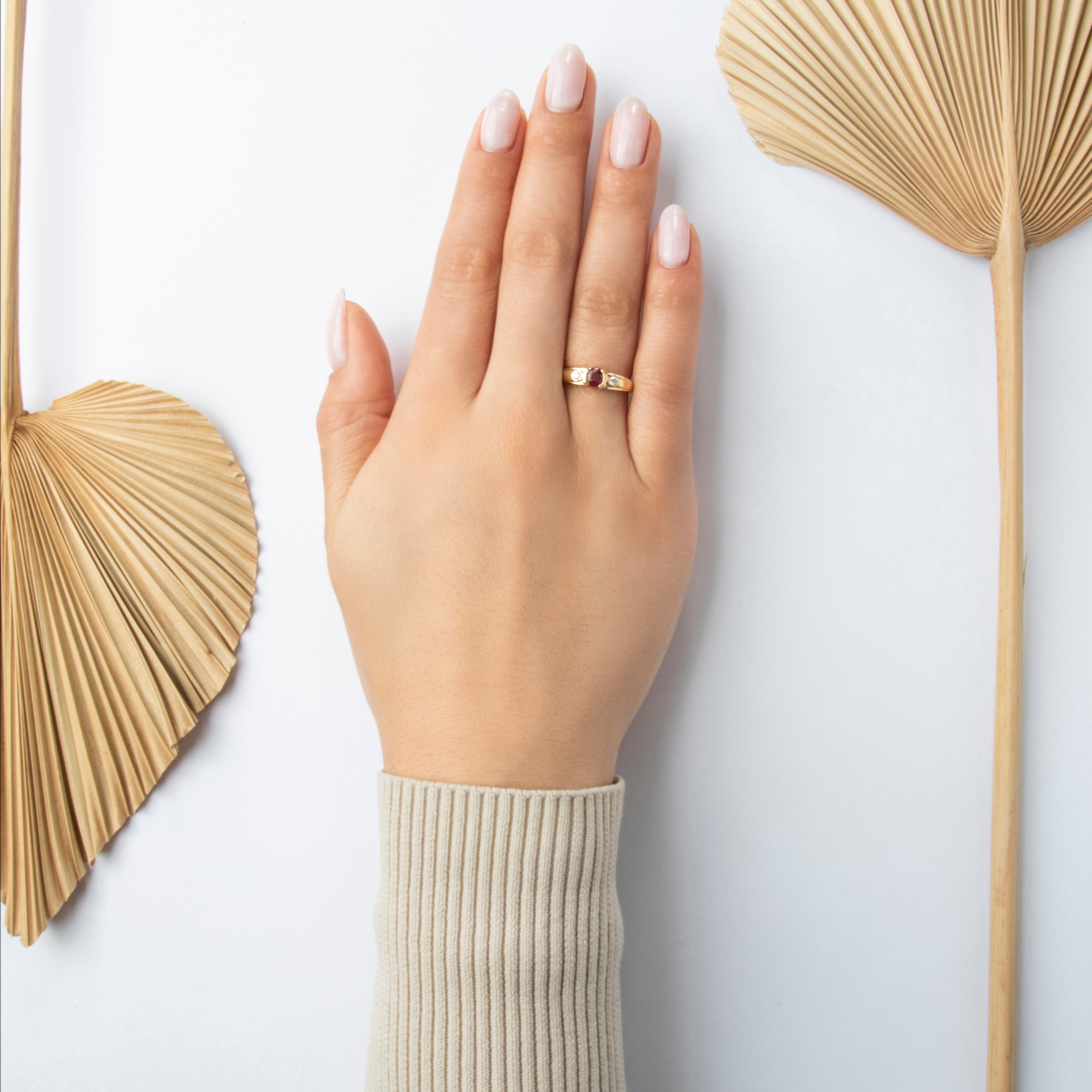 Vintage 14k Yellow Gold Ruby Diamond Pretty Bezel Trio Ring - On model view