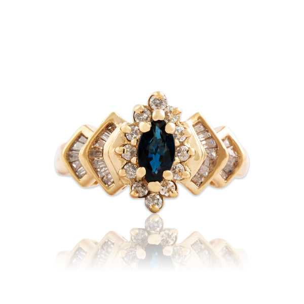 Vintage 14k Yellow Gold Sapphire Diamond Step Shoulder Marquise Ring 5.75