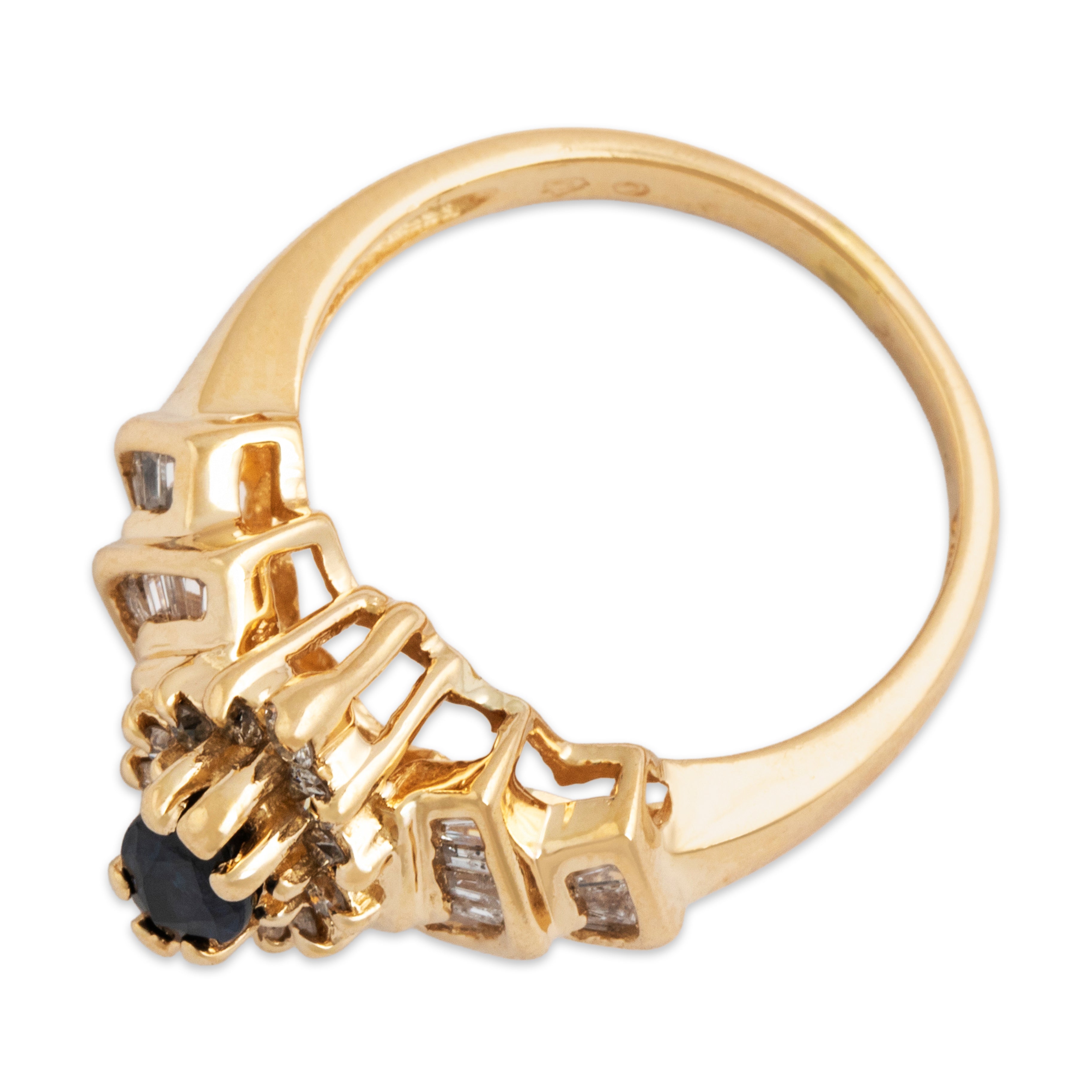 Vintage 14k Yellow Gold Sapphire Diamond Step Shoulder Marquise Ring - Overall view