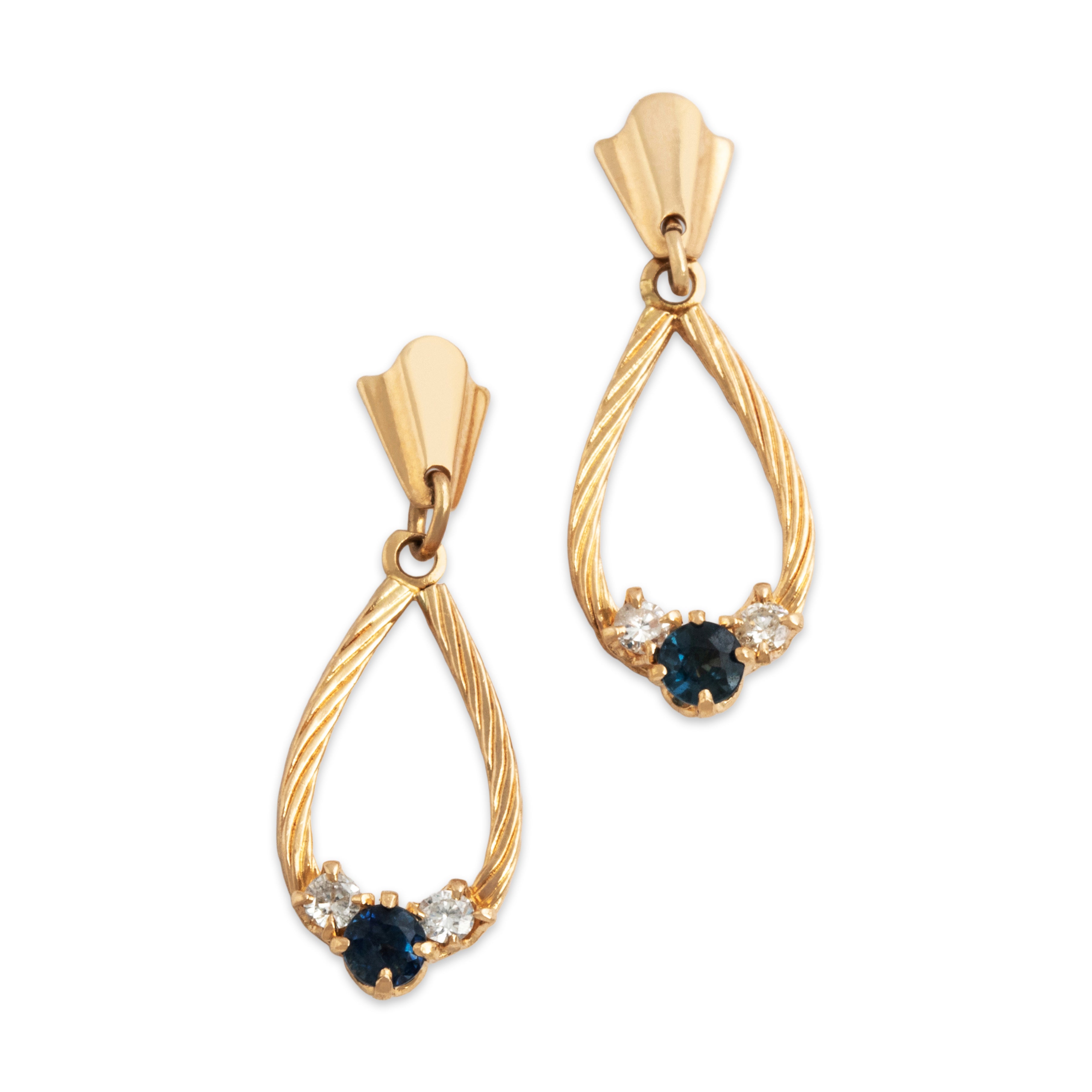 Vintage 14k Yellow Gold Blue Sapphire Diamond Lovely Loop Trio Dangle Earrings