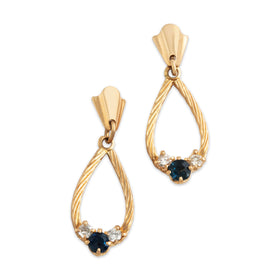 Vintage 14k Yellow Gold Blue Sapphire Diamond Lovely Loop Trio Dangle Earrings