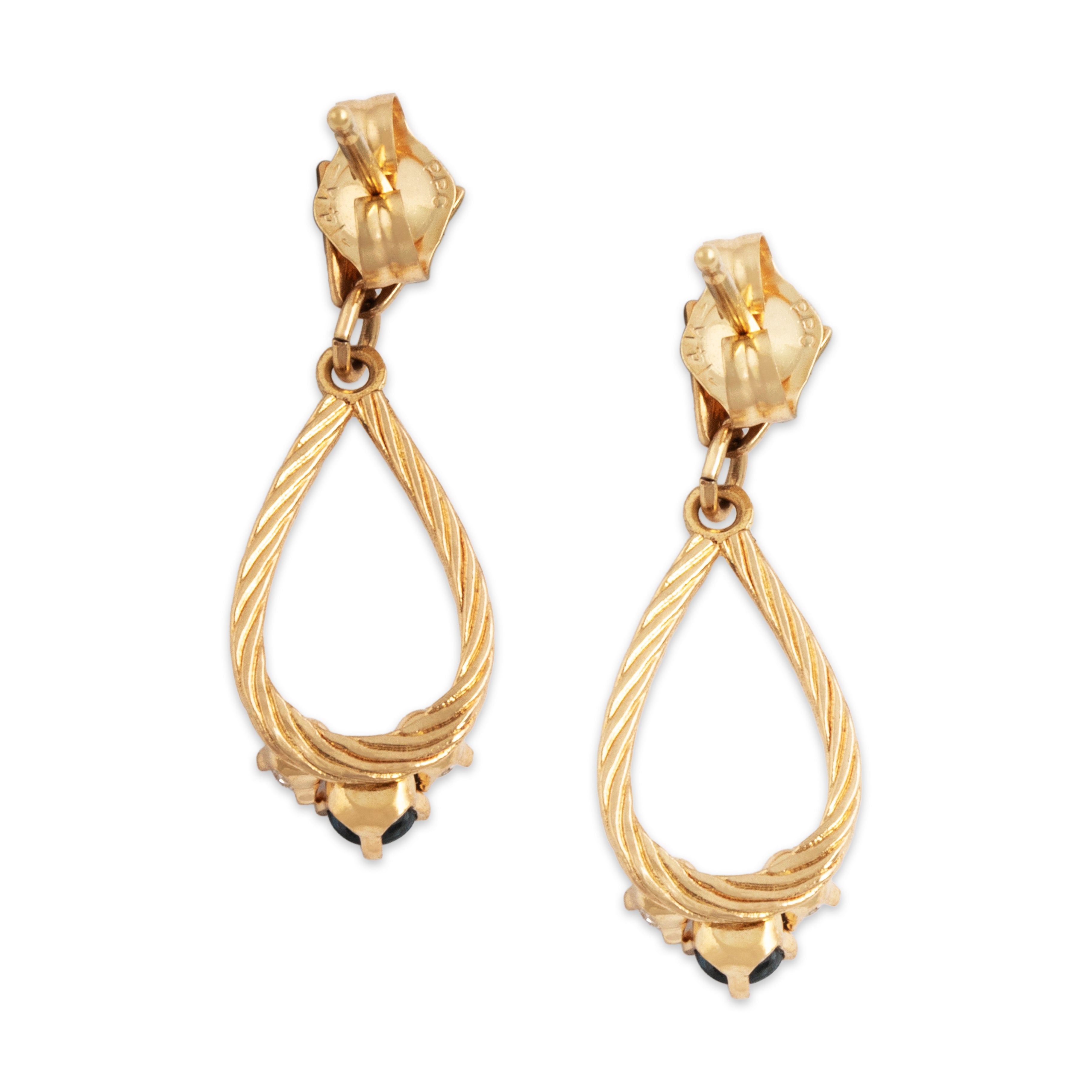 Vintage 14k Yellow Gold Blue Sapphire Diamond Lovely Loop Trio Dangle Earrings