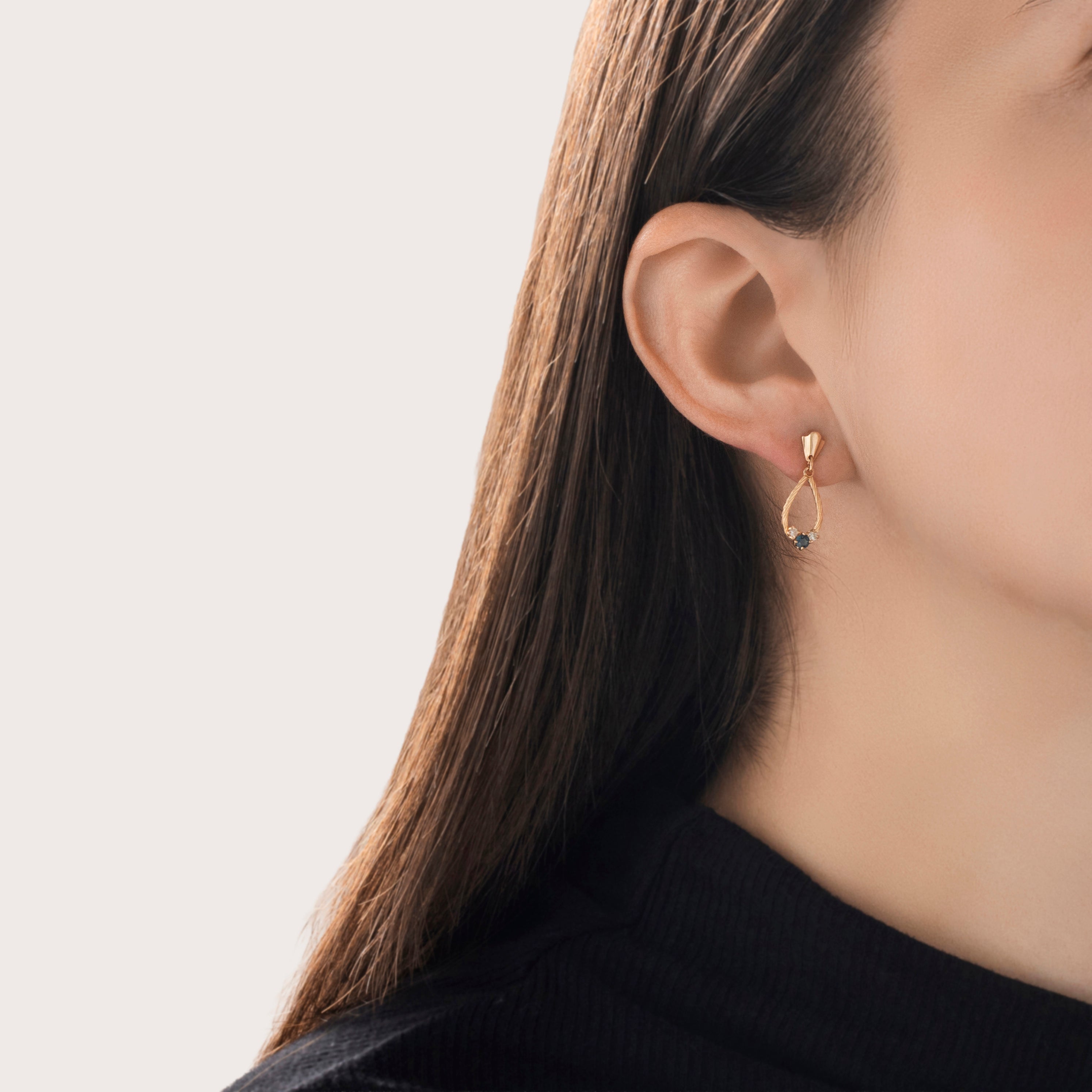 Vintage 14k Yellow Gold Blue Sapphire Diamond Lovely Loop Trio Dangle Earrings - On model view