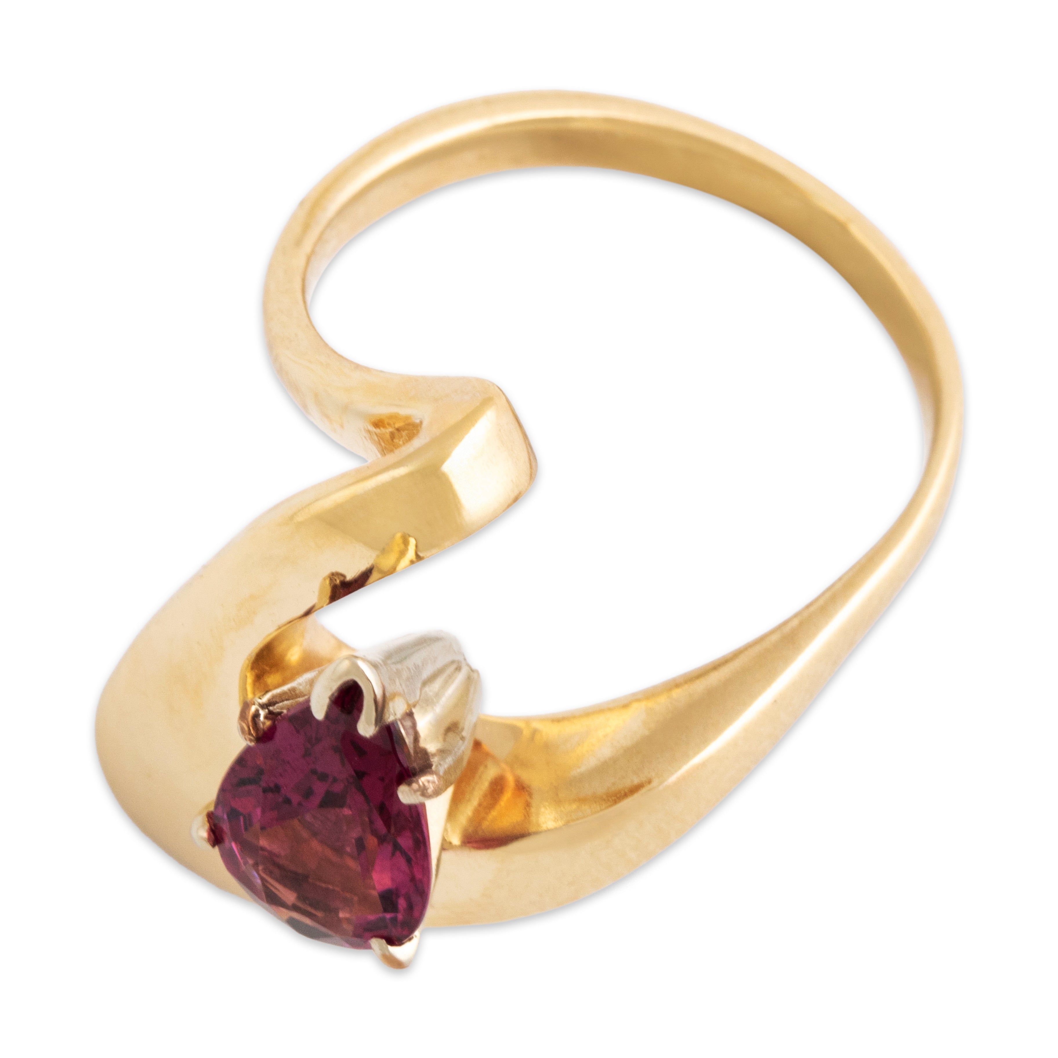 Vintage 14k Yellow Gold 2ct Rhodolite Garnet Modernist Swish Ring - Overall view