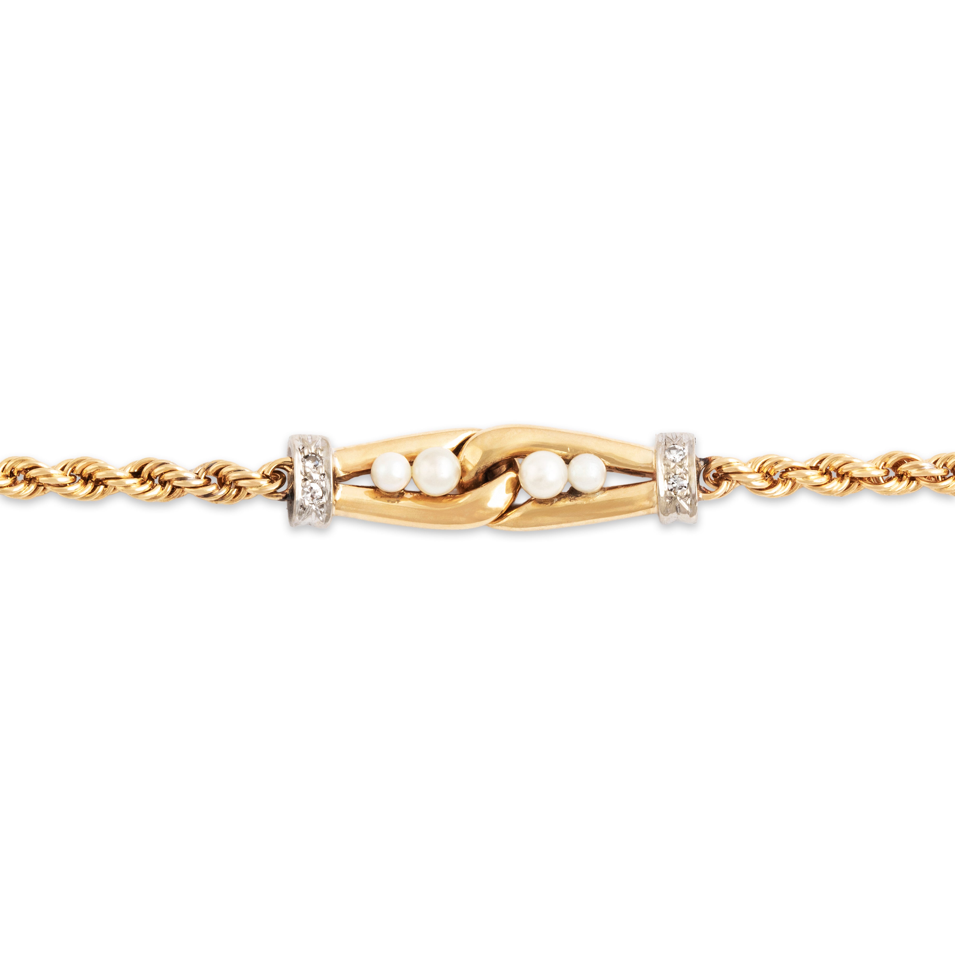 Vintage 14k Yellow Gold Pearl Diamond Rope Chain Buckle Bracelet - detail view #1