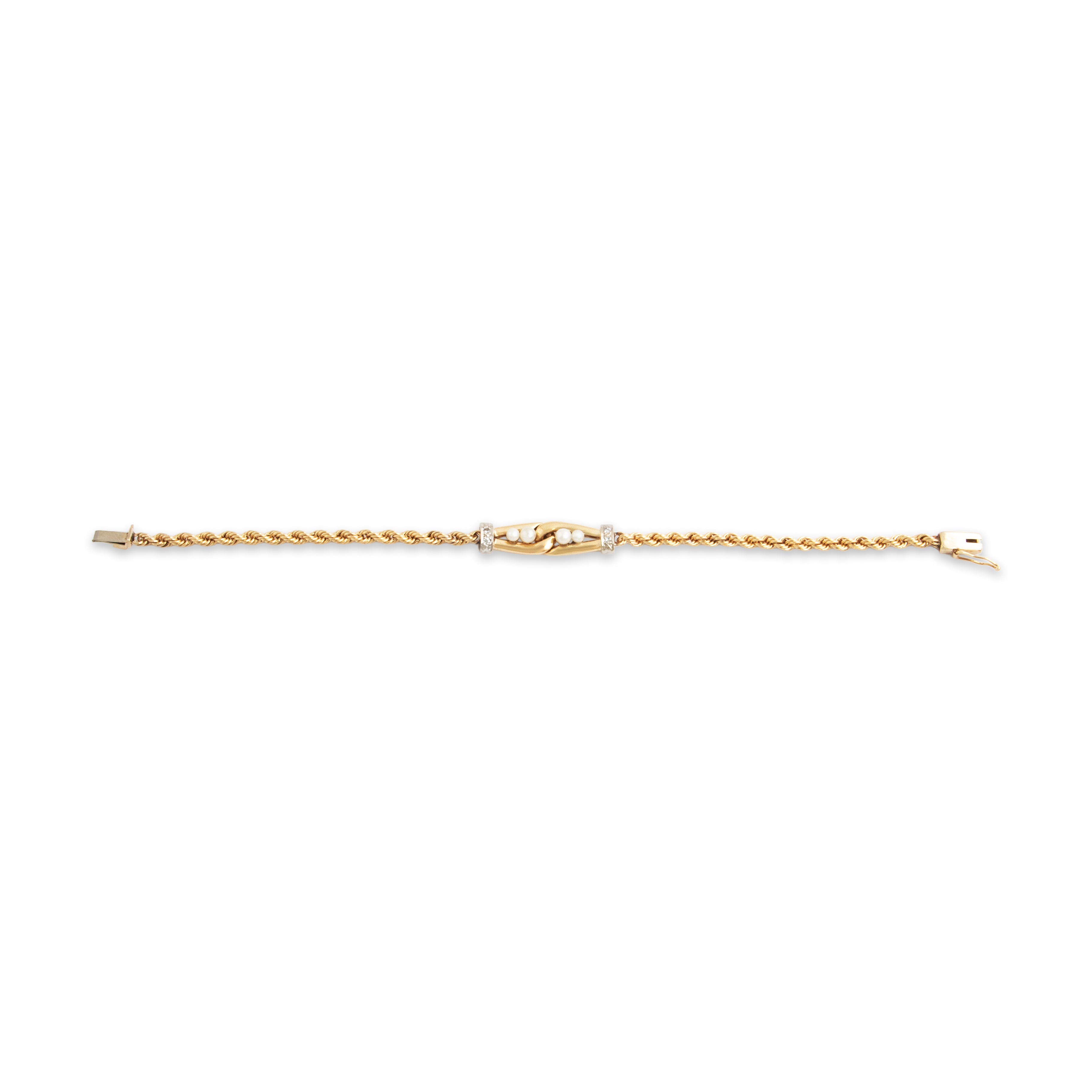 Vintage 14k Yellow Gold Pearl Diamond Rope Chain Buckle Bracelet - Close-up view