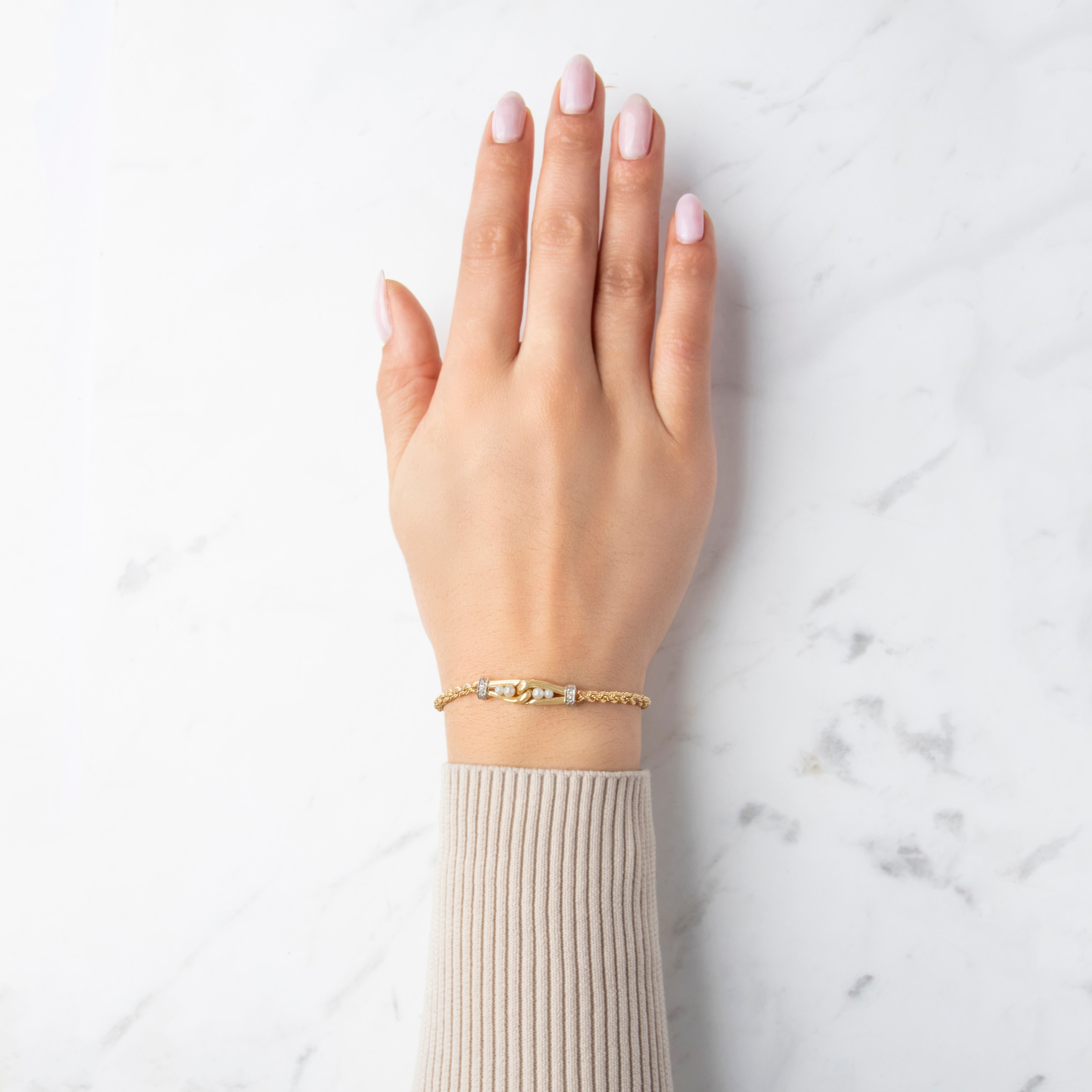Vintage 14k Yellow Gold Pearl Diamond Rope Chain Buckle Bracelet 6.25