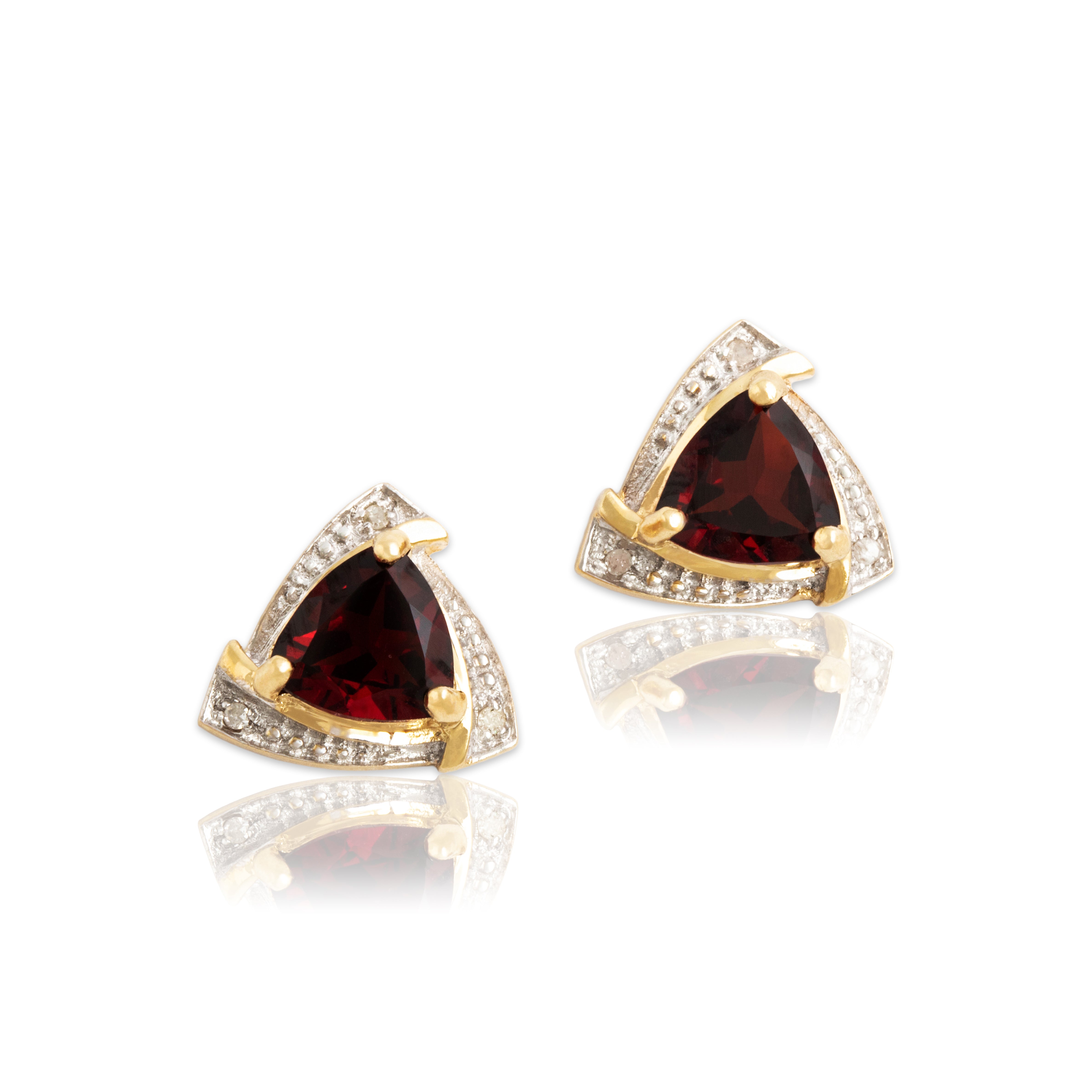 Vintage 10k Yellow & White Gold 2cttw Garnet Diamond Trilliant Stud Earrings - Close-up view