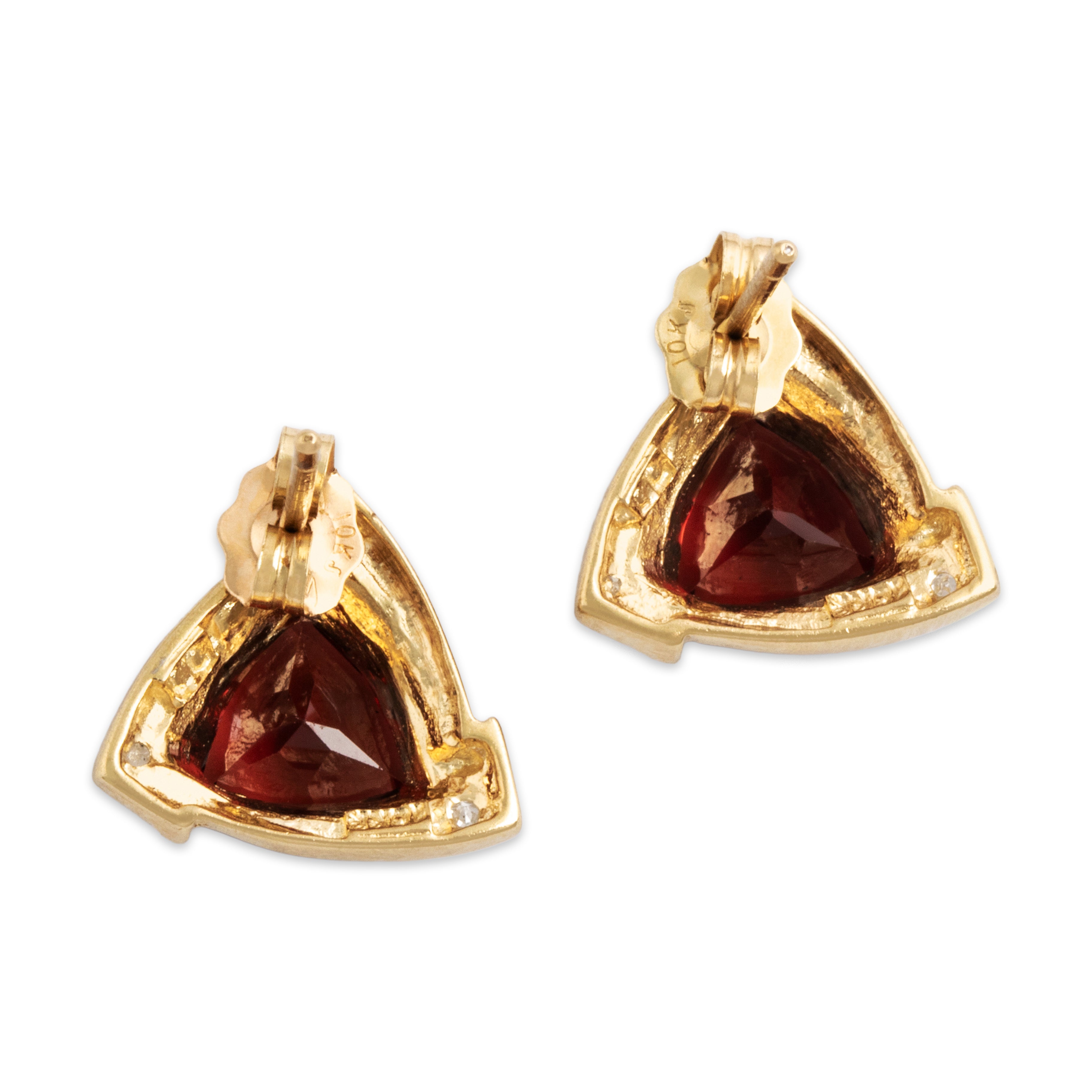 Vintage 10k Yellow & White Gold 2cttw Garnet Diamond Trilliant Stud Earrings - Back view