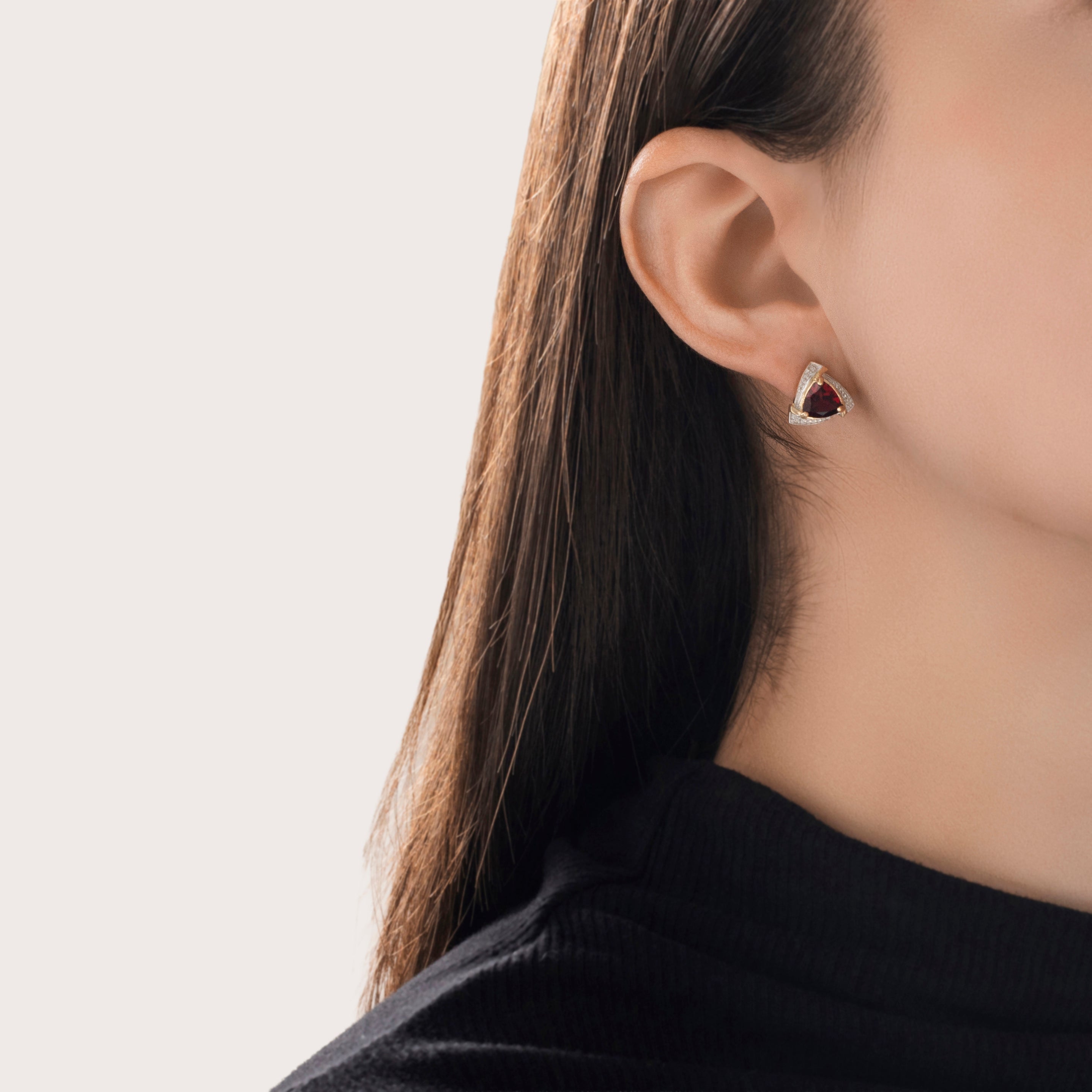 Vintage 10k Yellow & White Gold 2cttw Garnet Diamond Trilliant Stud Earrings - On model view