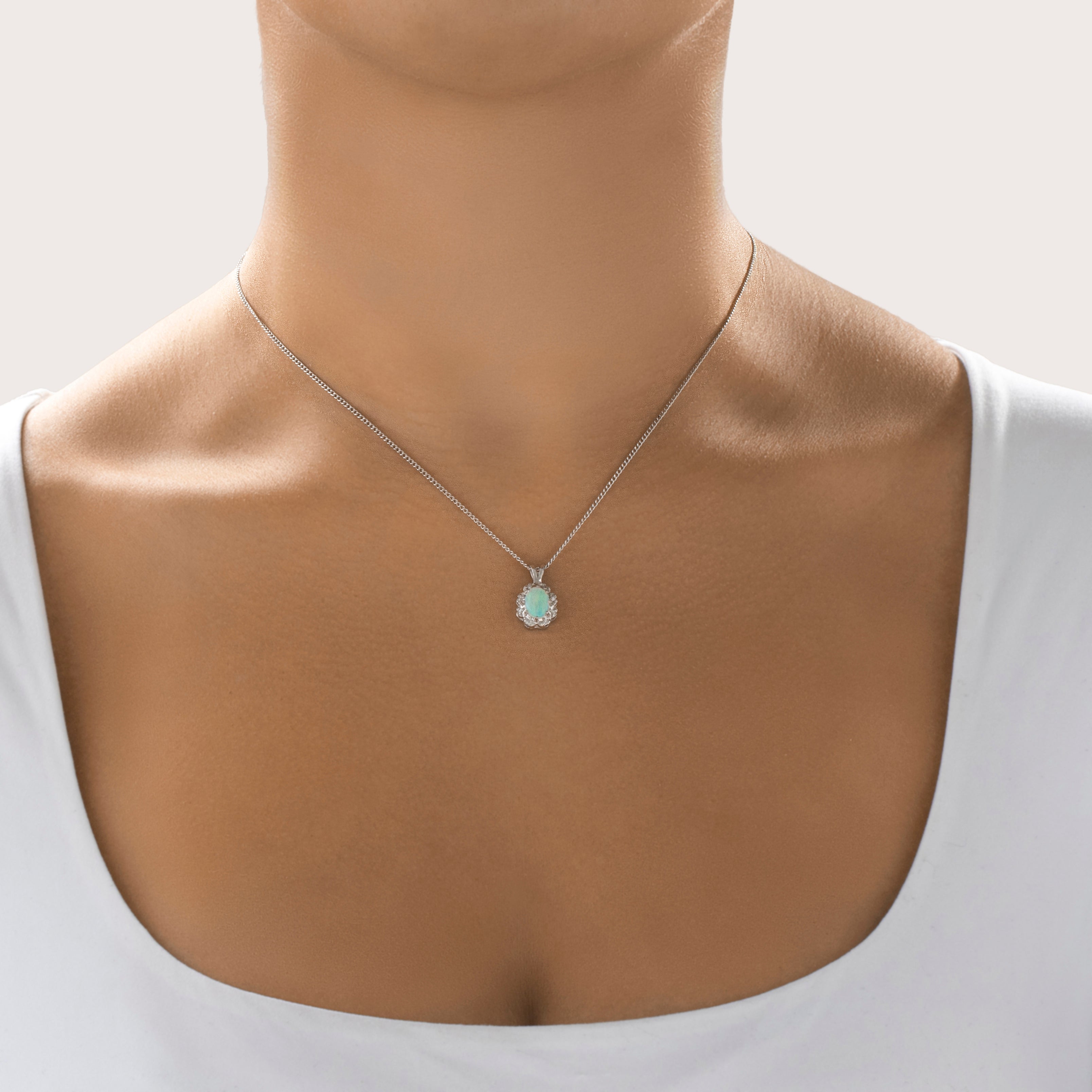 Vintage 10k White Gold Opal Diamond Flashing Oval Halo Pendant - On model view