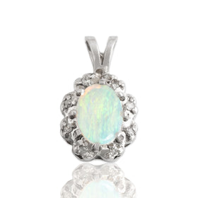 Vintage 10k White Gold Opal Diamond Flashing Oval Halo Pendant