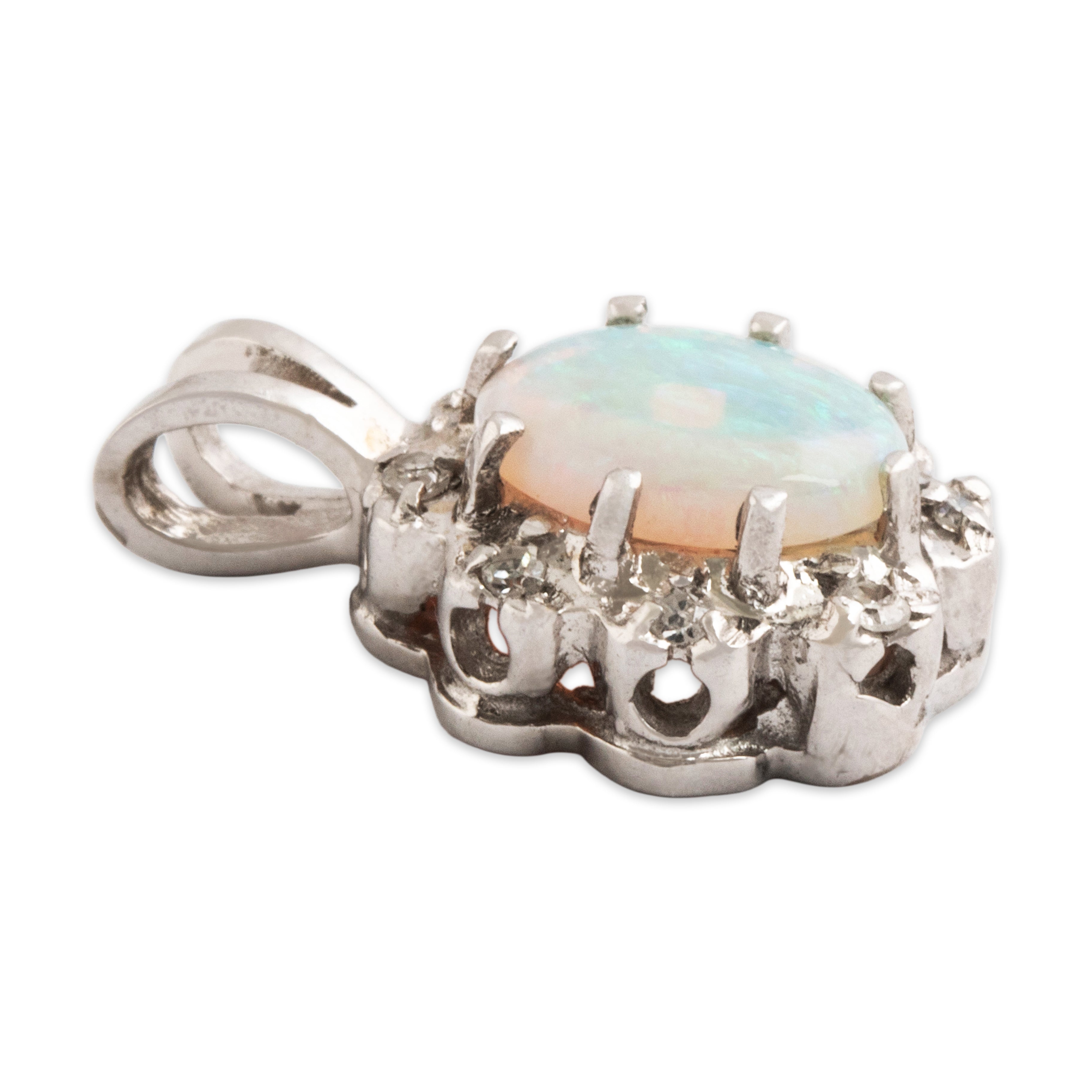 Vintage 10k White Gold Opal Diamond Flashing Oval Halo Pendant - Side view