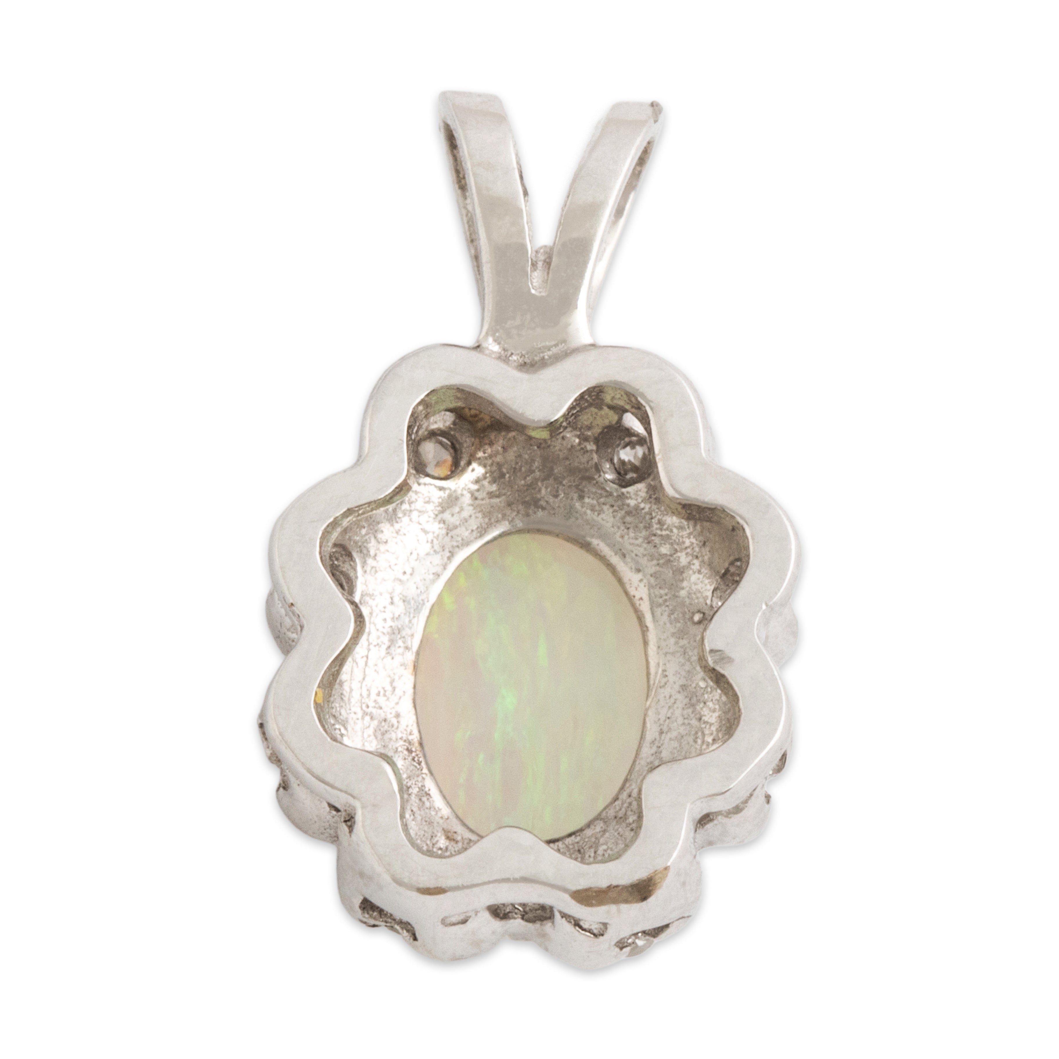 Vintage 10k White Gold Opal Diamond Flashing Oval Halo Pendant - Back view