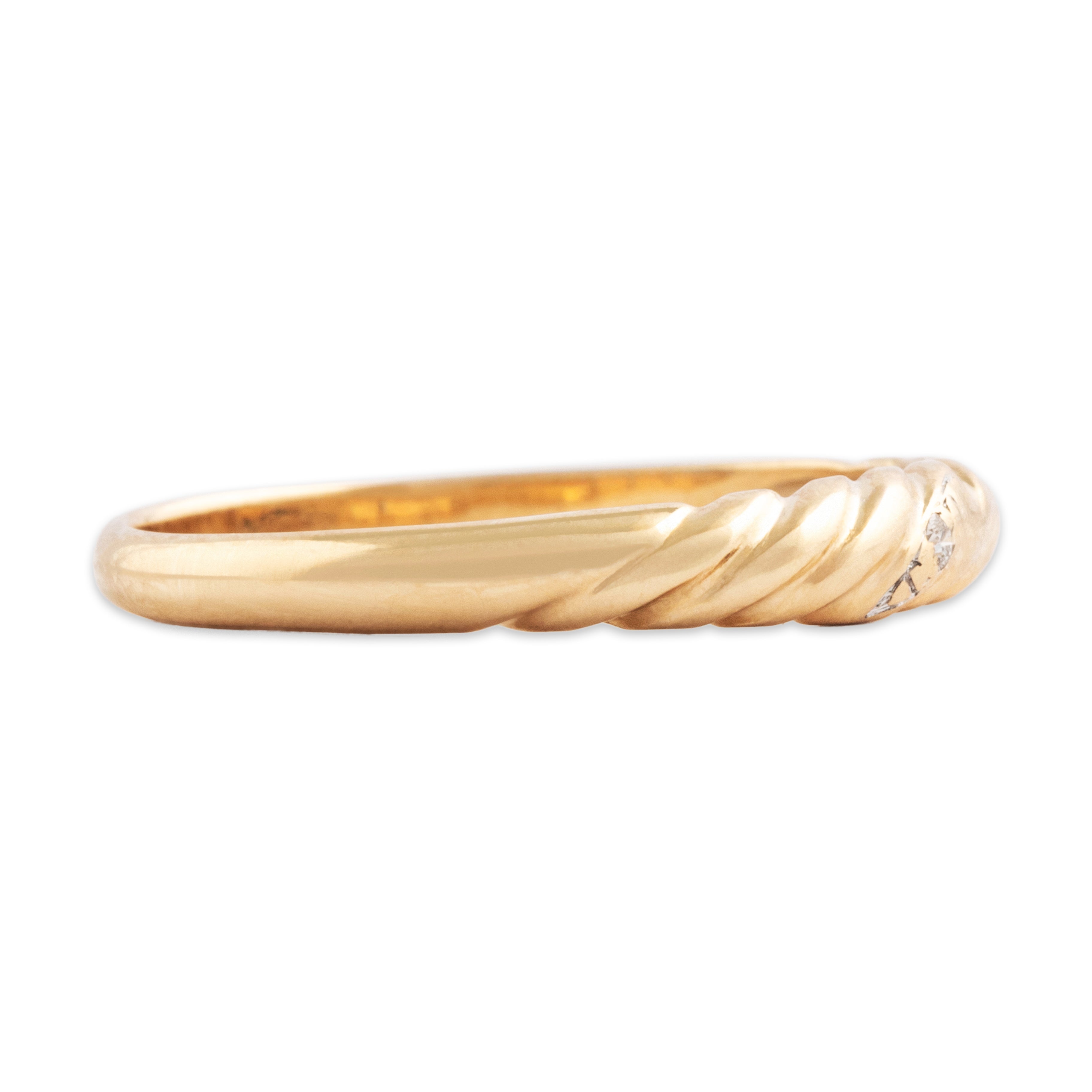 Vintage 14k Yellow Gold Diamond Roped Solitaire Band Ring - Side view
