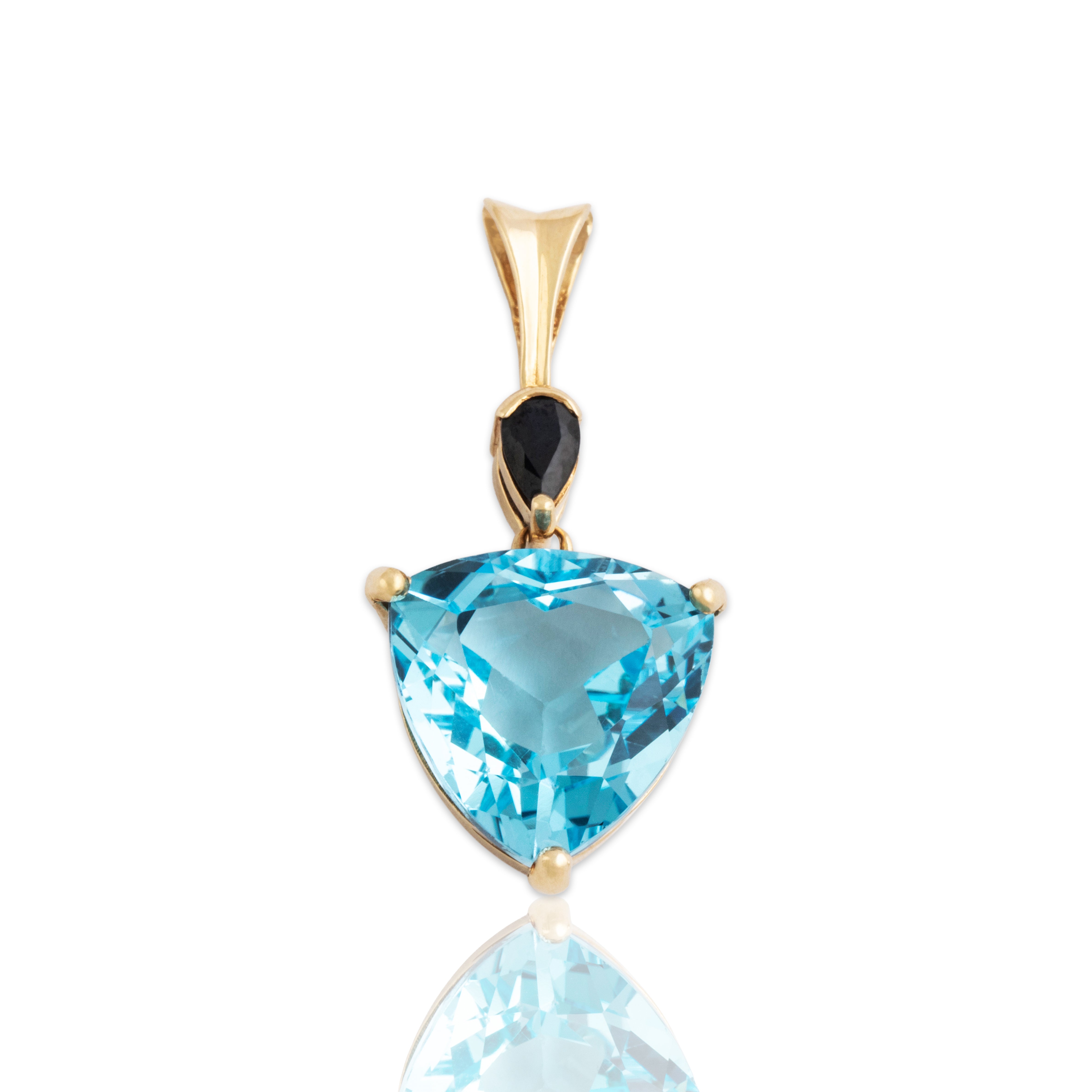 Vintage 14k Yellow Gold Blue Topaz Dark Blue Sapphire Bright Trilliant Pendant - Close-up view