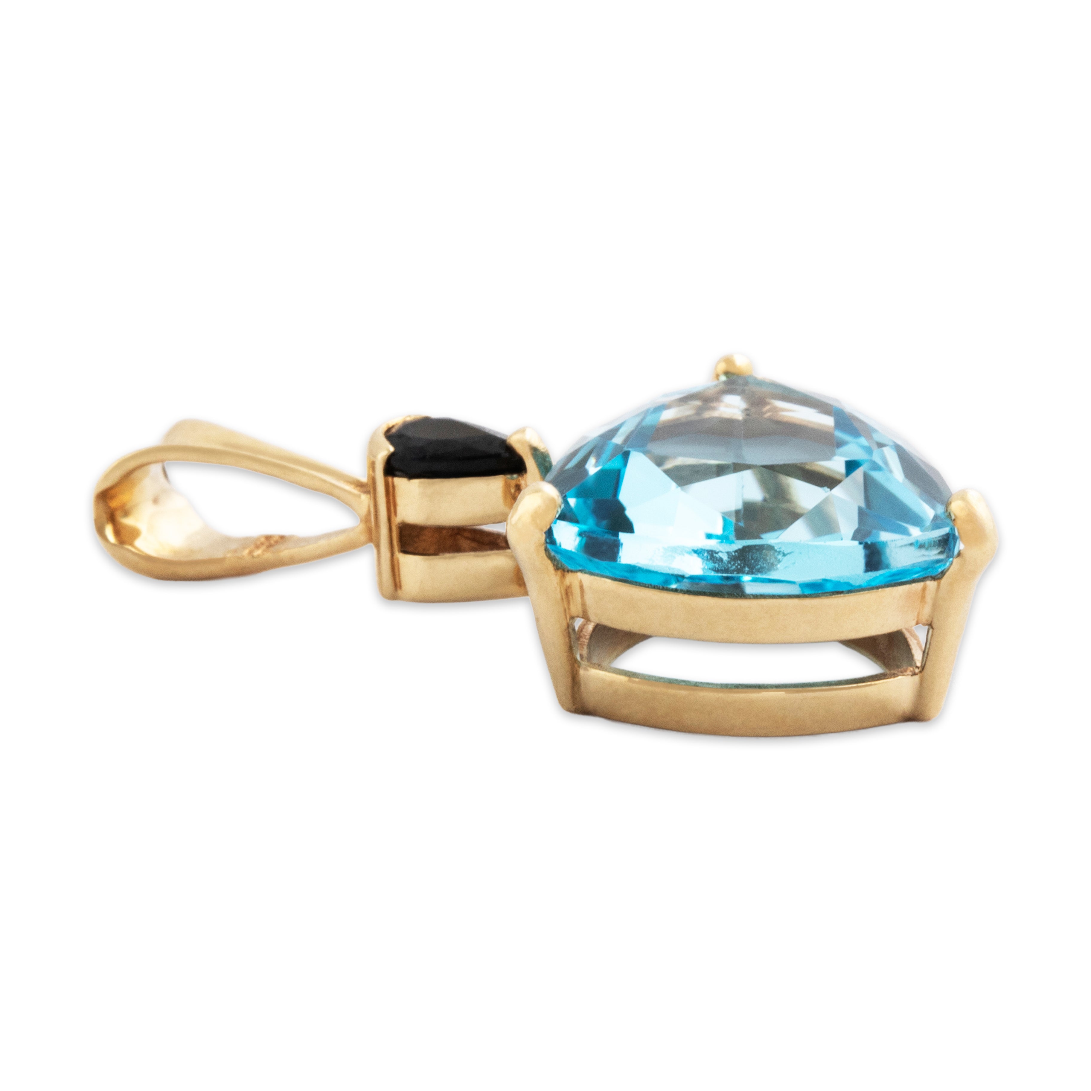 Vintage 14k Yellow Gold Blue Topaz Dark Blue Sapphire Bright Trilliant Pendant - Side view