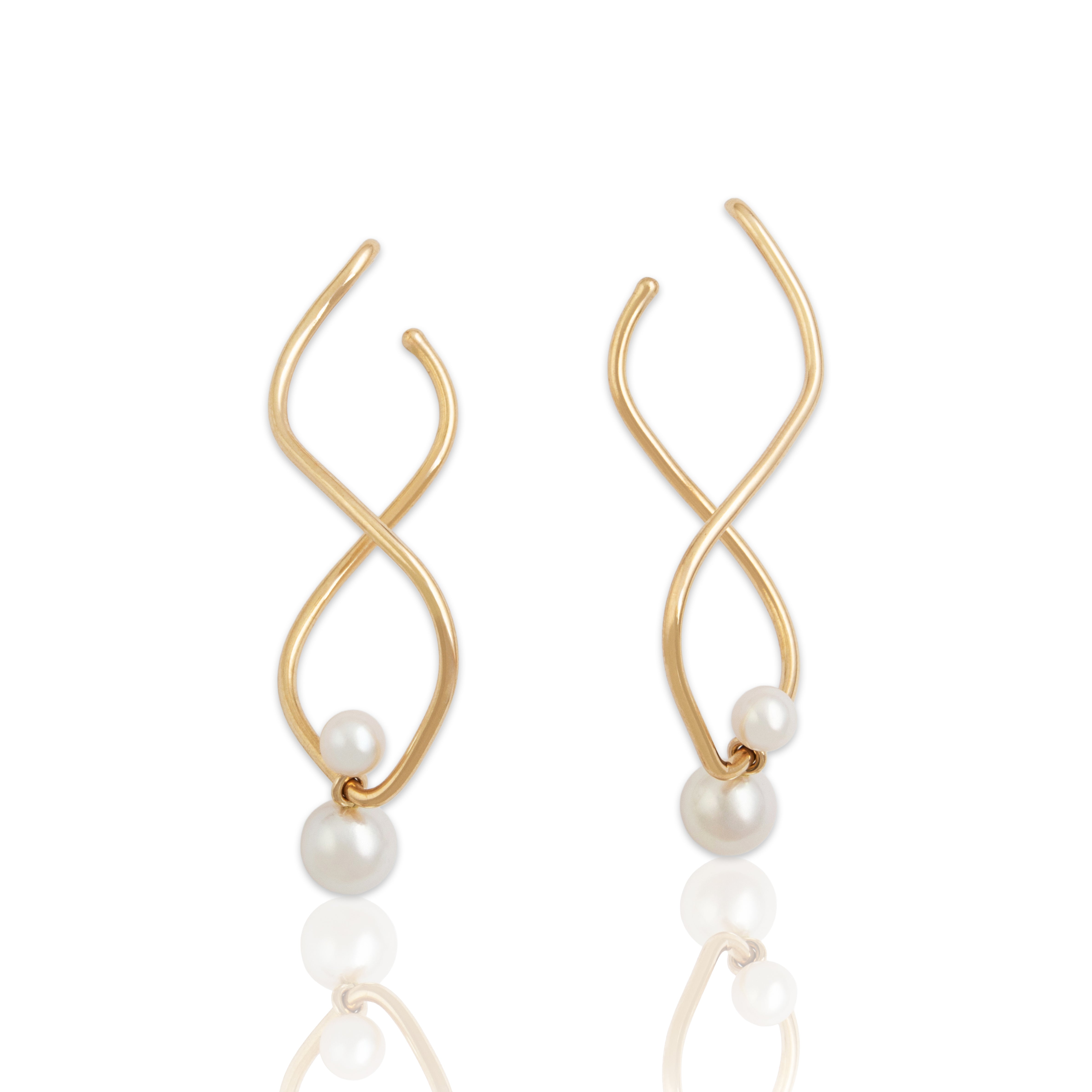 Vintage Large 14k Yellow Gold Pearl Spinning Twist Drop Earrings - Close-up view