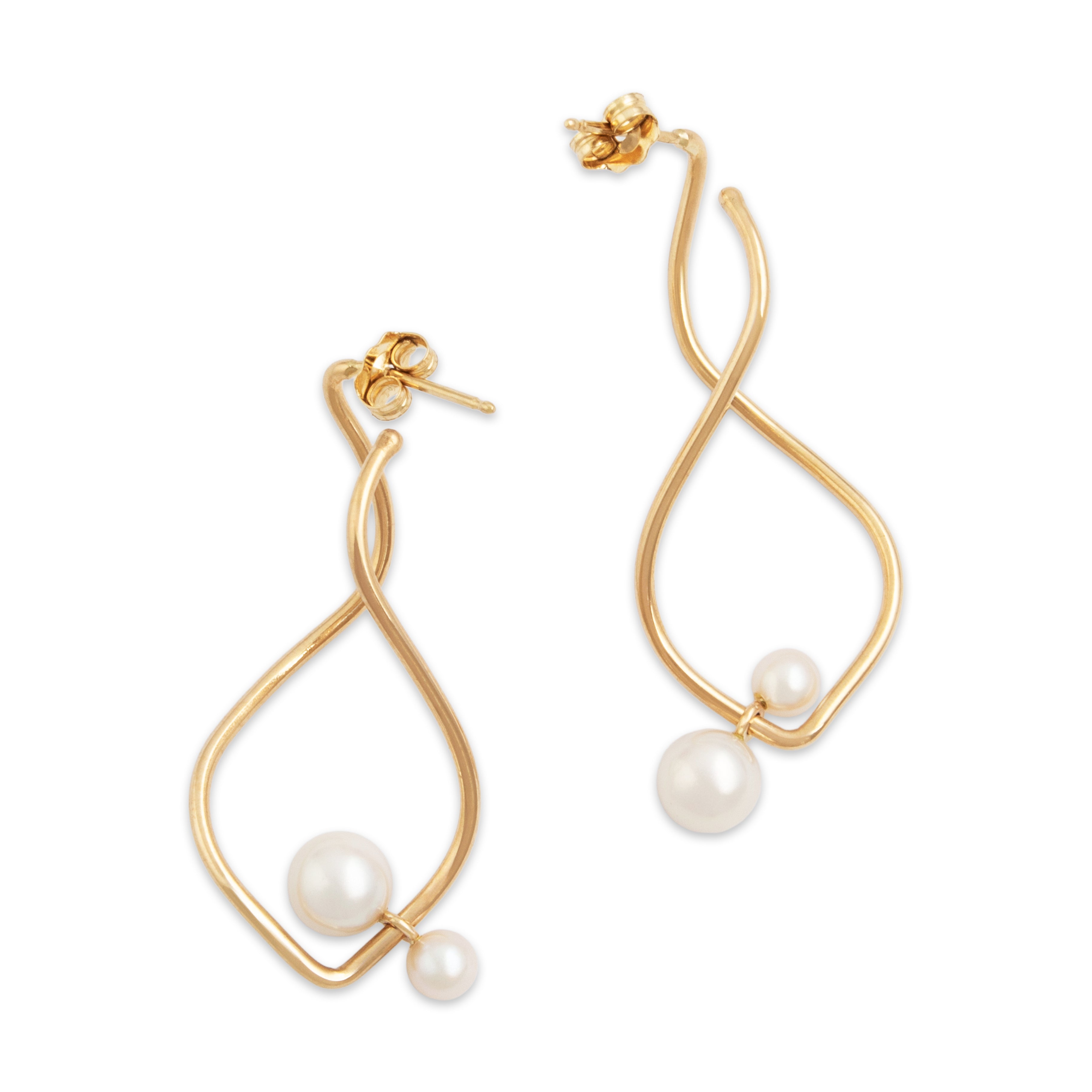 Vintage Large 14k Yellow Gold Pearl Spinning Twist Drop Earrings - Overall view