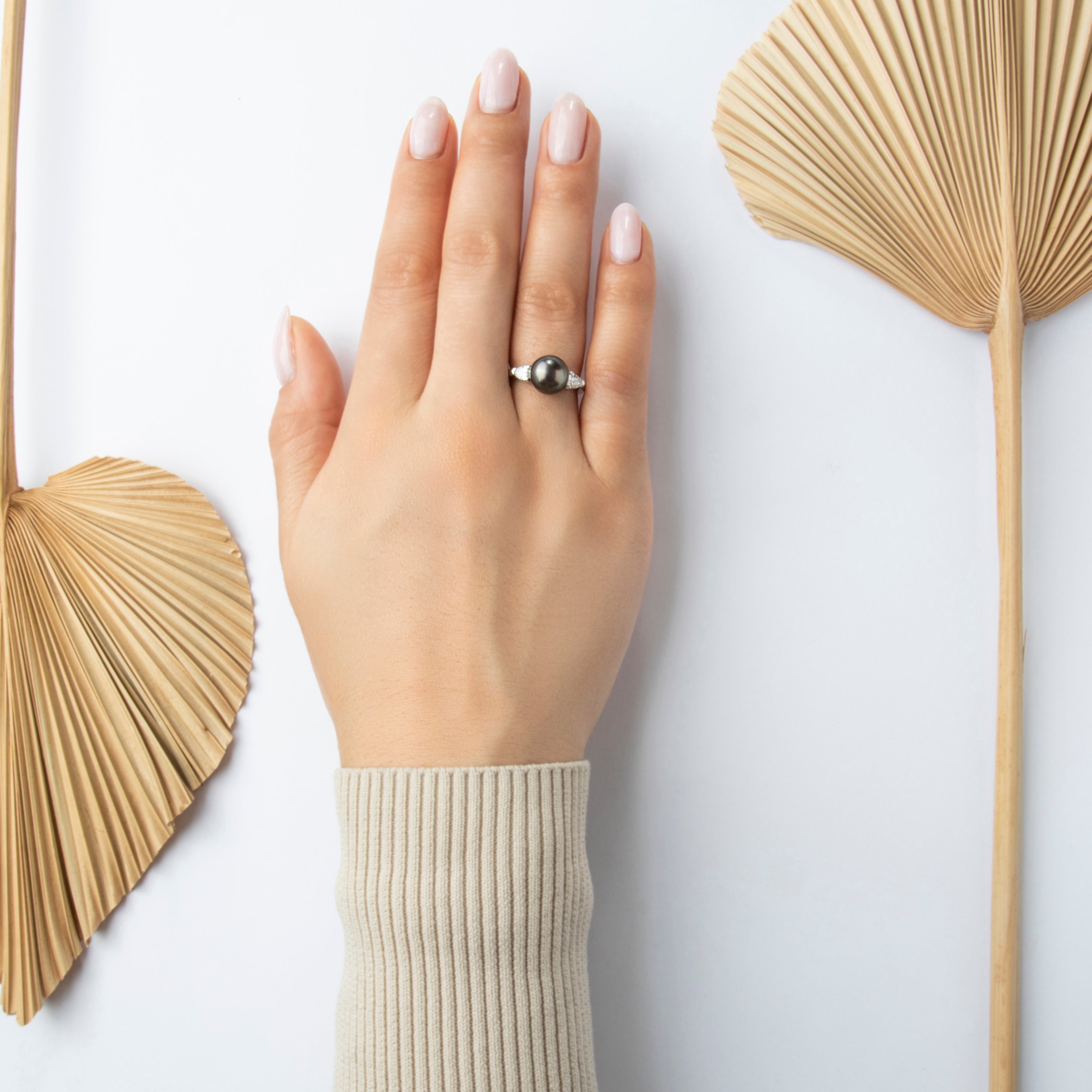 Vintage Platinum Tahitian Pearl Diamond Luminous Pear Accent Ring - On model view