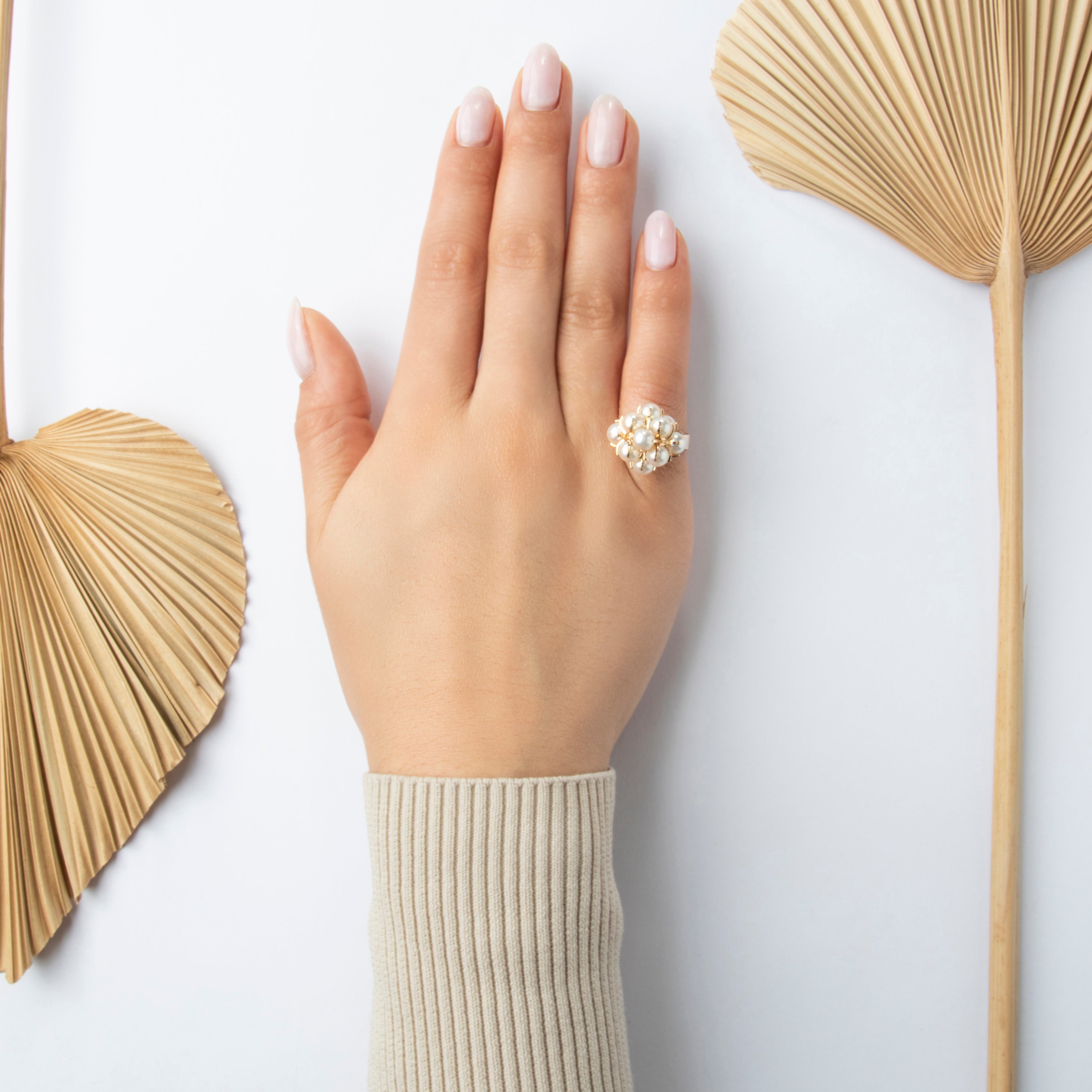 Vintage Finnish 14k Yellow Gold Pearl Wonderful Lustrous Cluster Ring - On model view