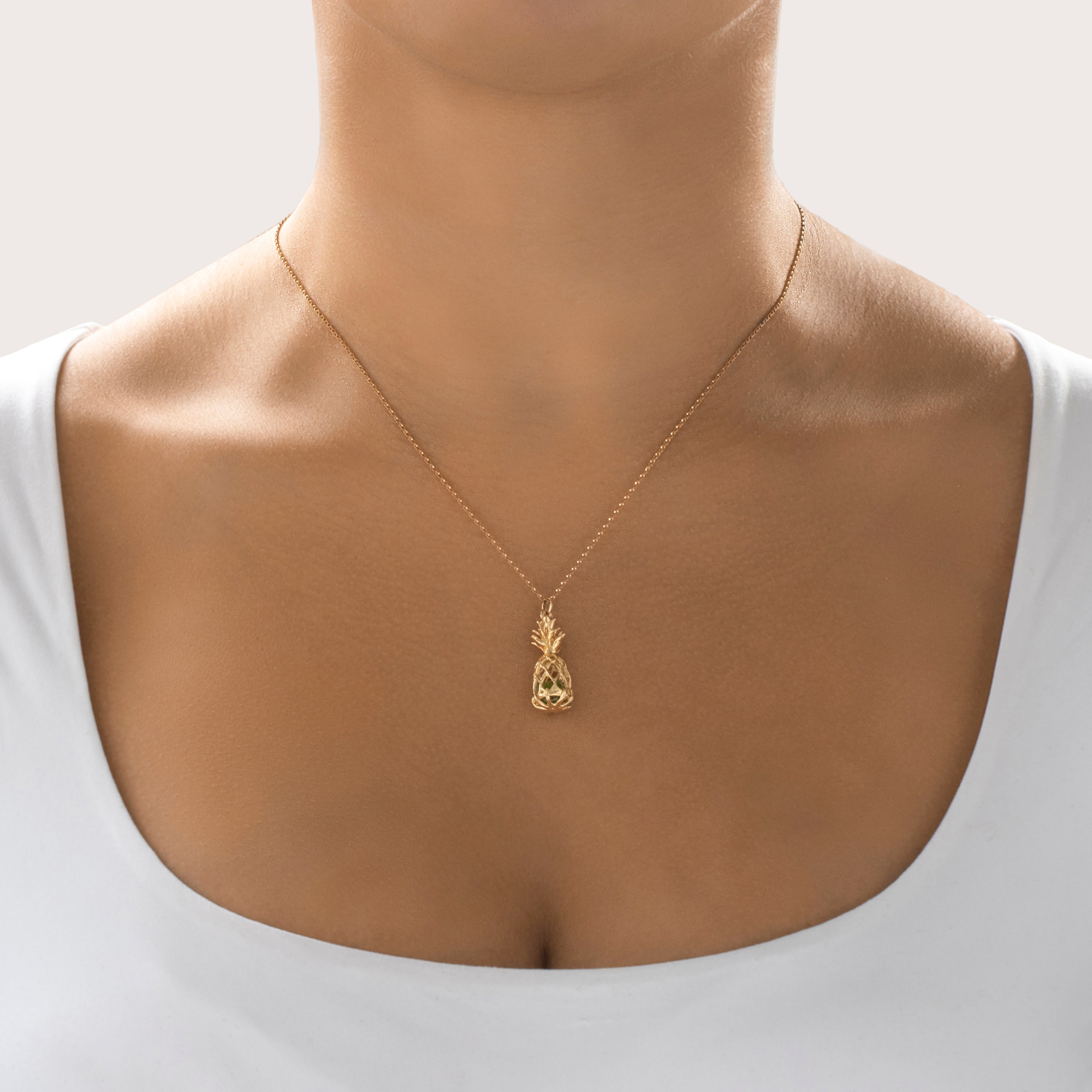 Vintage 14k Yellow Gold Peridot Groovy Pineapple Rattle Charm / Pendant - On model view