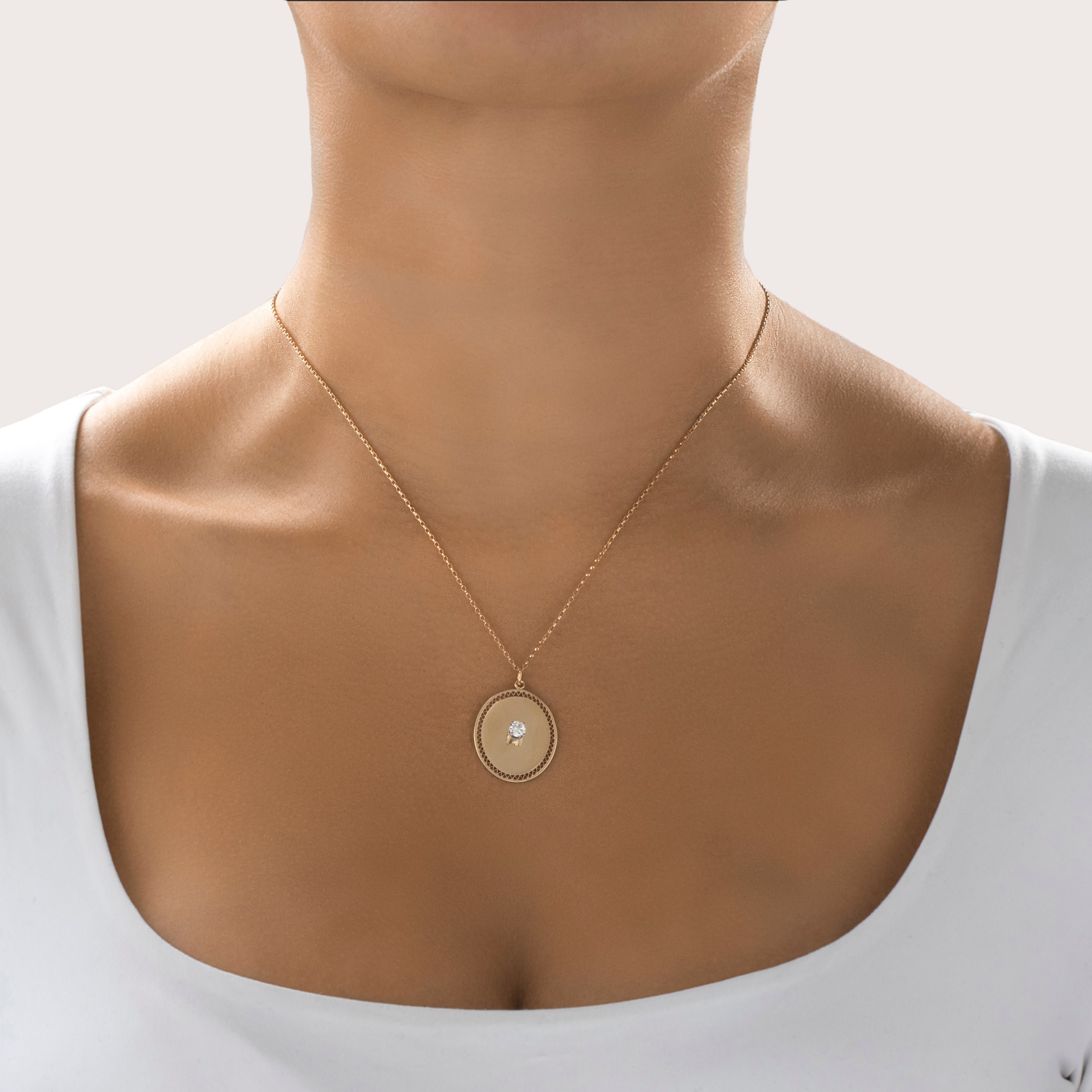 Vintage Large 14k Yellow Gold .25ct Diamond Lattice Medallion Solitaire Pendant - On model view