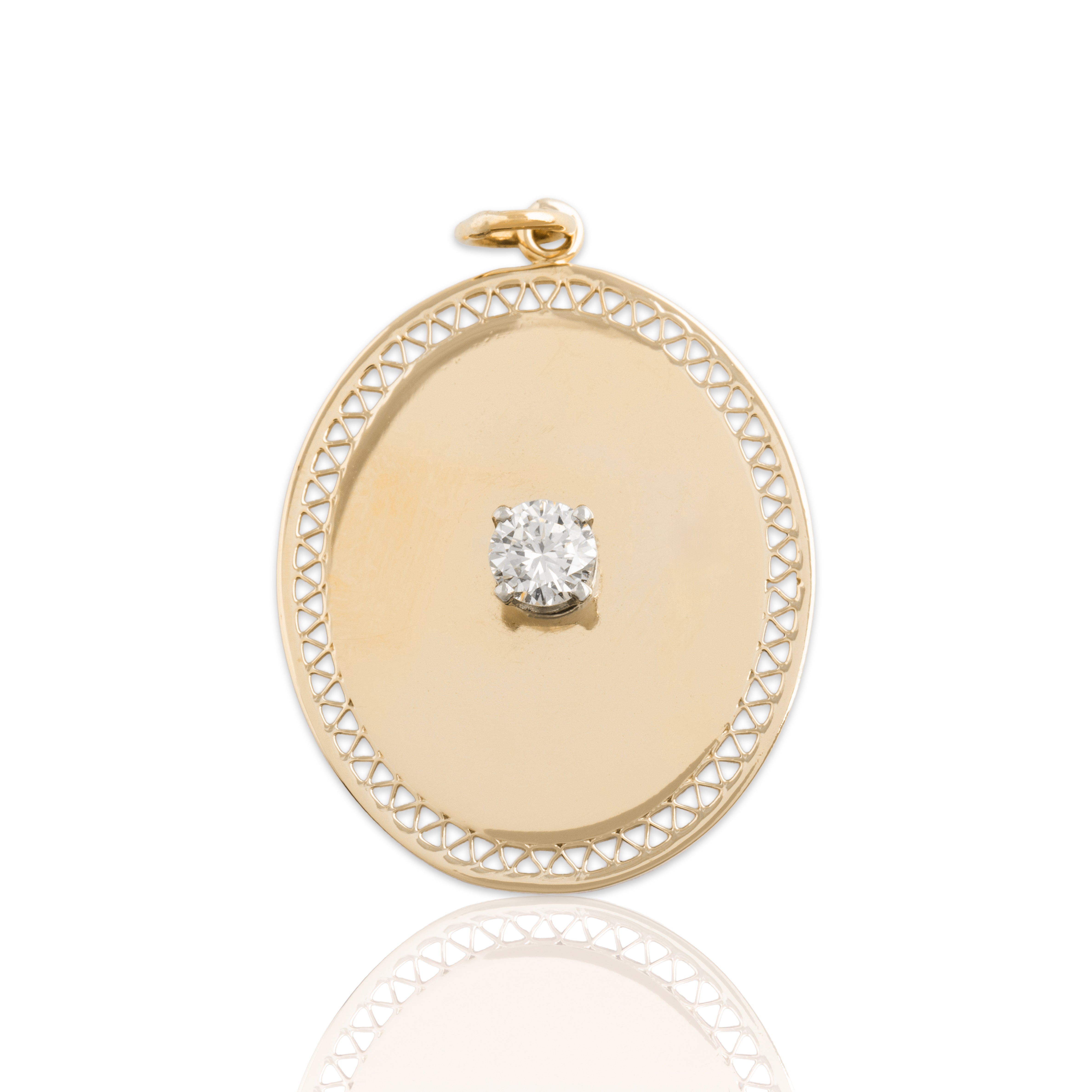 Vintage Large 14k Yellow Gold .25ct Diamond Lattice Medallion Solitaire Pendant