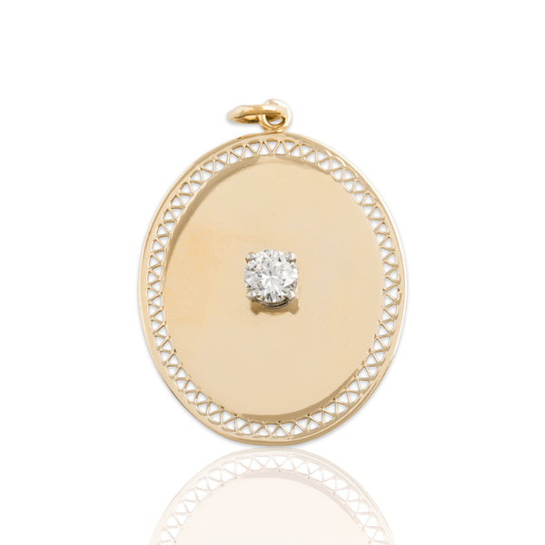 Vintage Large 14k Yellow Gold .25ct Diamond Lattice Medallion Solitaire Pendant