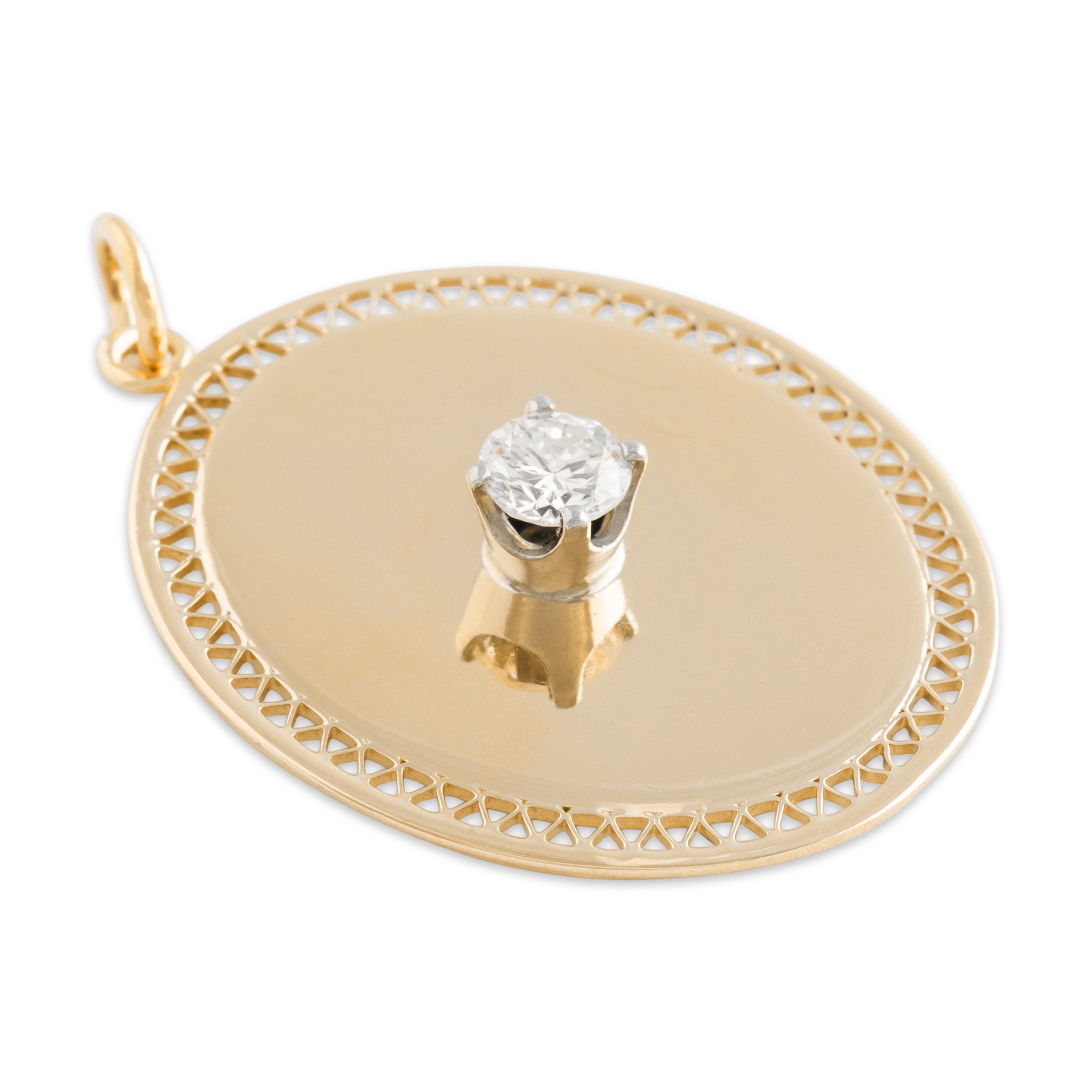 Vintage Large 14k Yellow Gold .25ct Diamond Lattice Medallion Solitaire Pendant