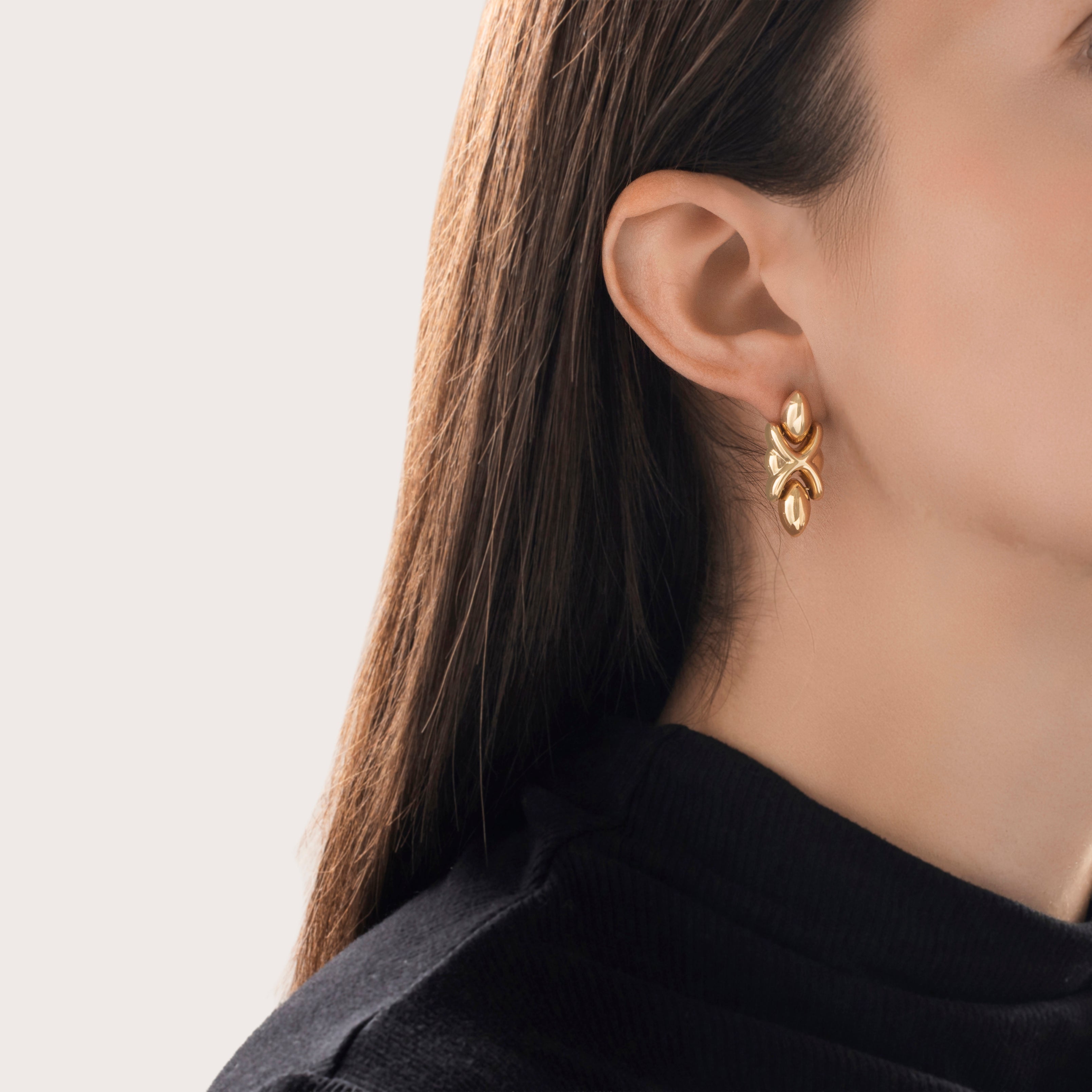 Vintage Italian 14k Yellow Gold Sleek X Link Dangle Earrings -On model view