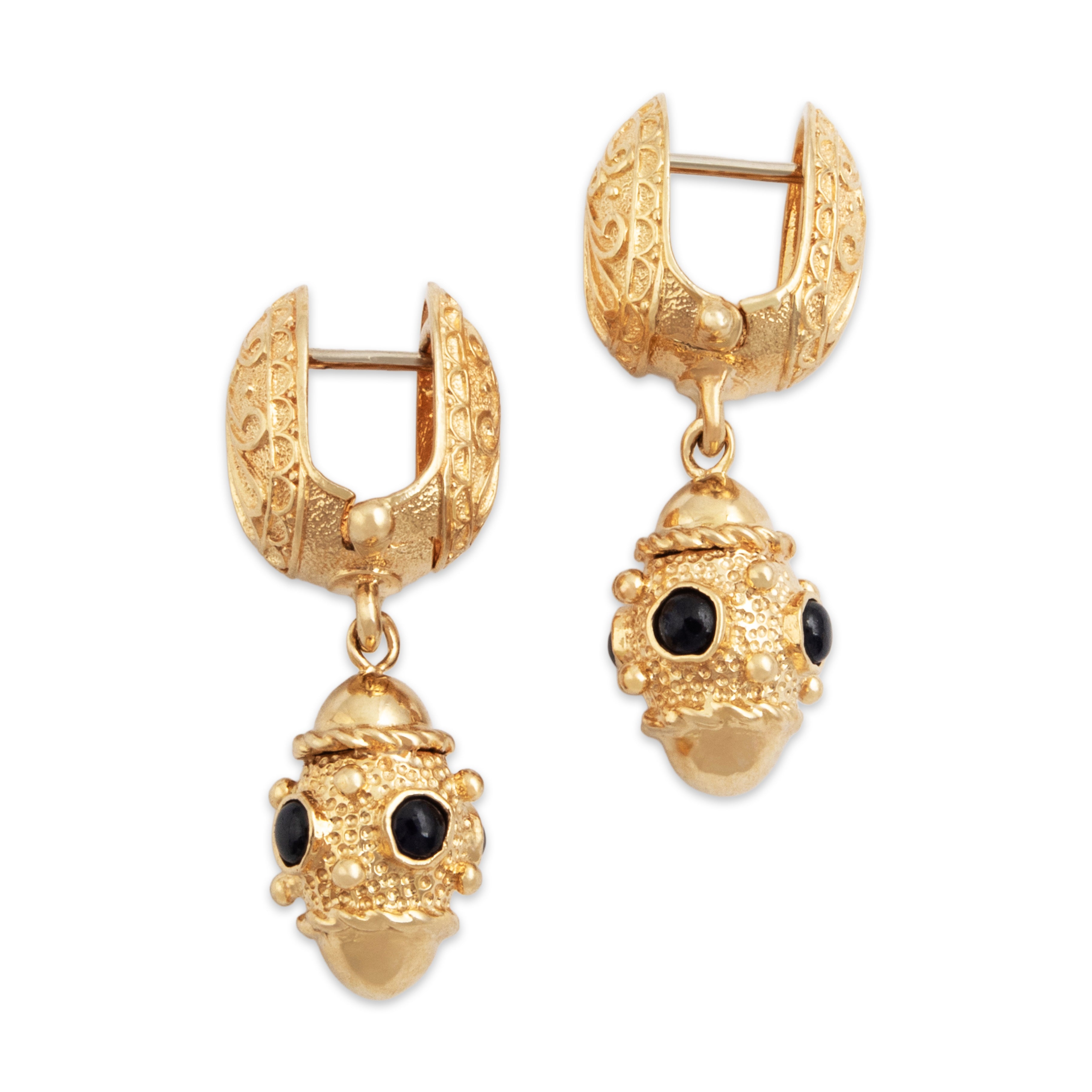 Vintage Heavy 14k Yellow Gold 1.1cttw Sapphire Superb Lantern Dangle Earrings - Side view