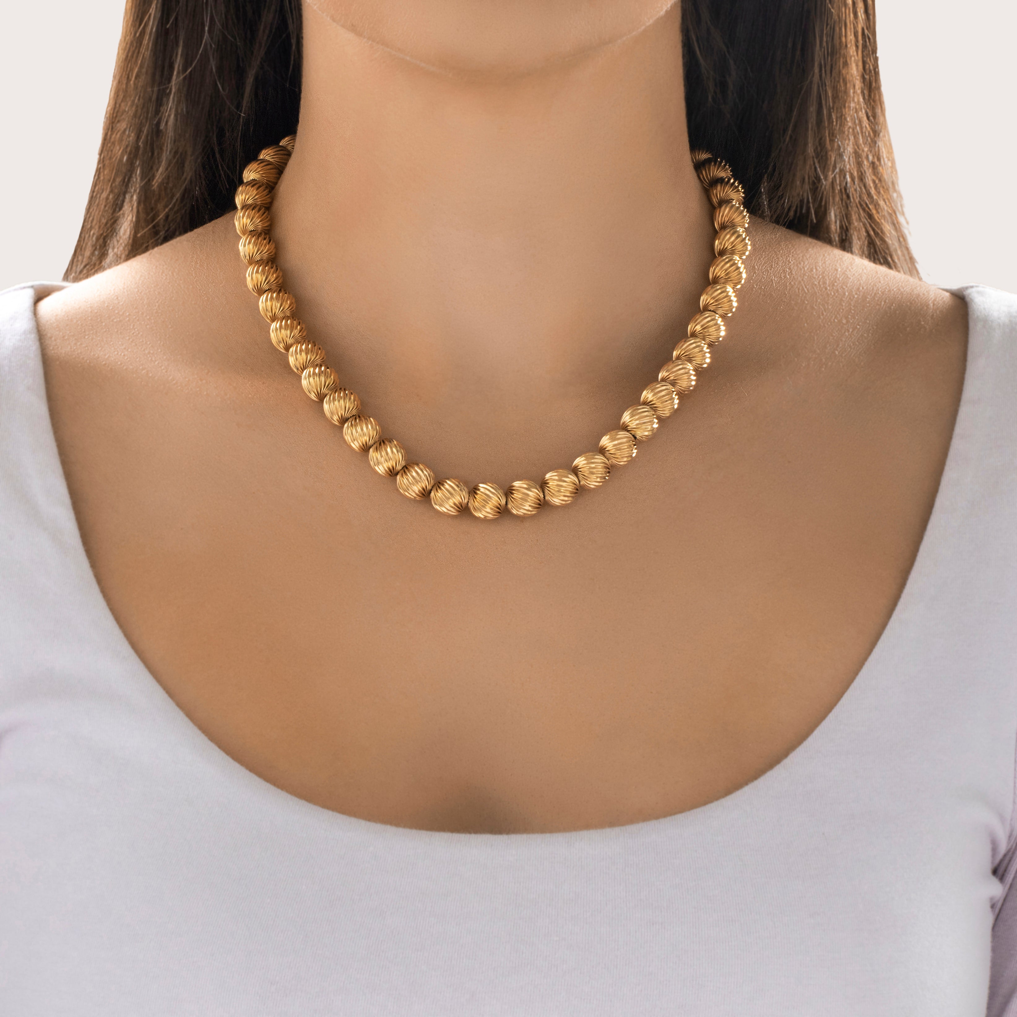 Vintage 14k Yellow Gold Fabulous Swirled Bead Chunky Necklace - On model view