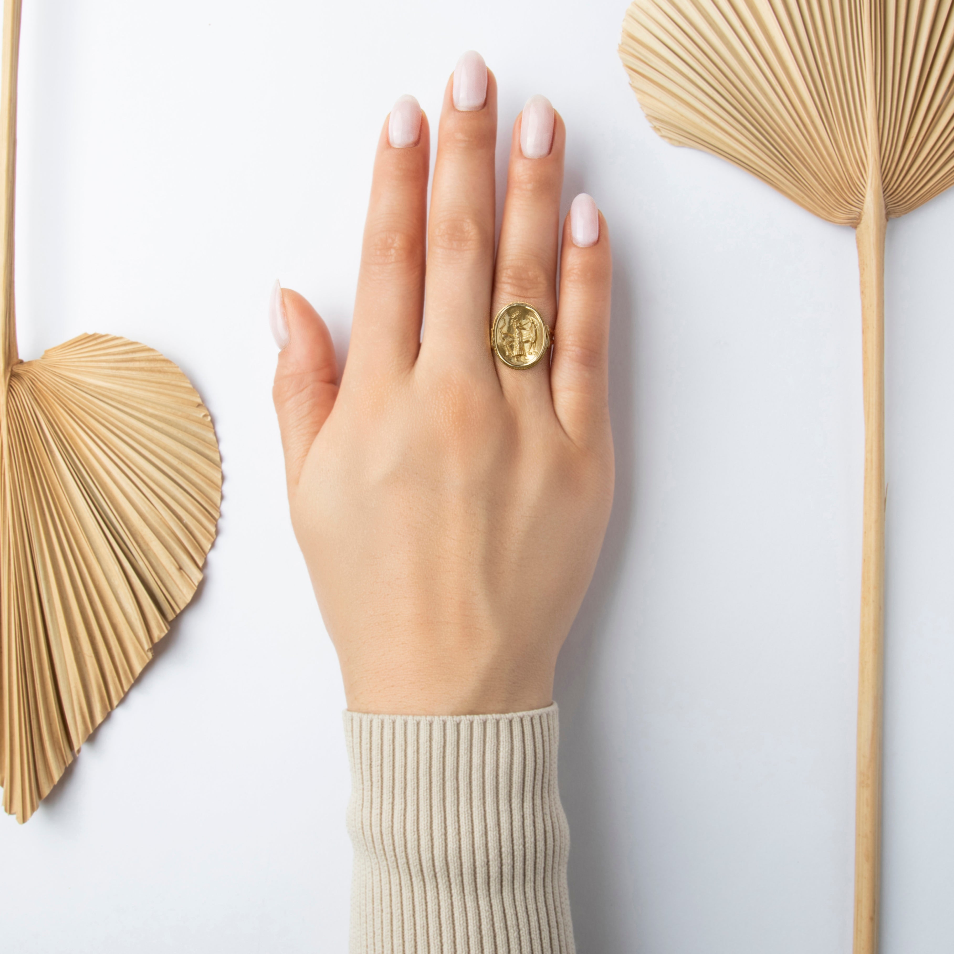 Vintage 18k Yellow Gold Artemis With Hound Ring - On model view