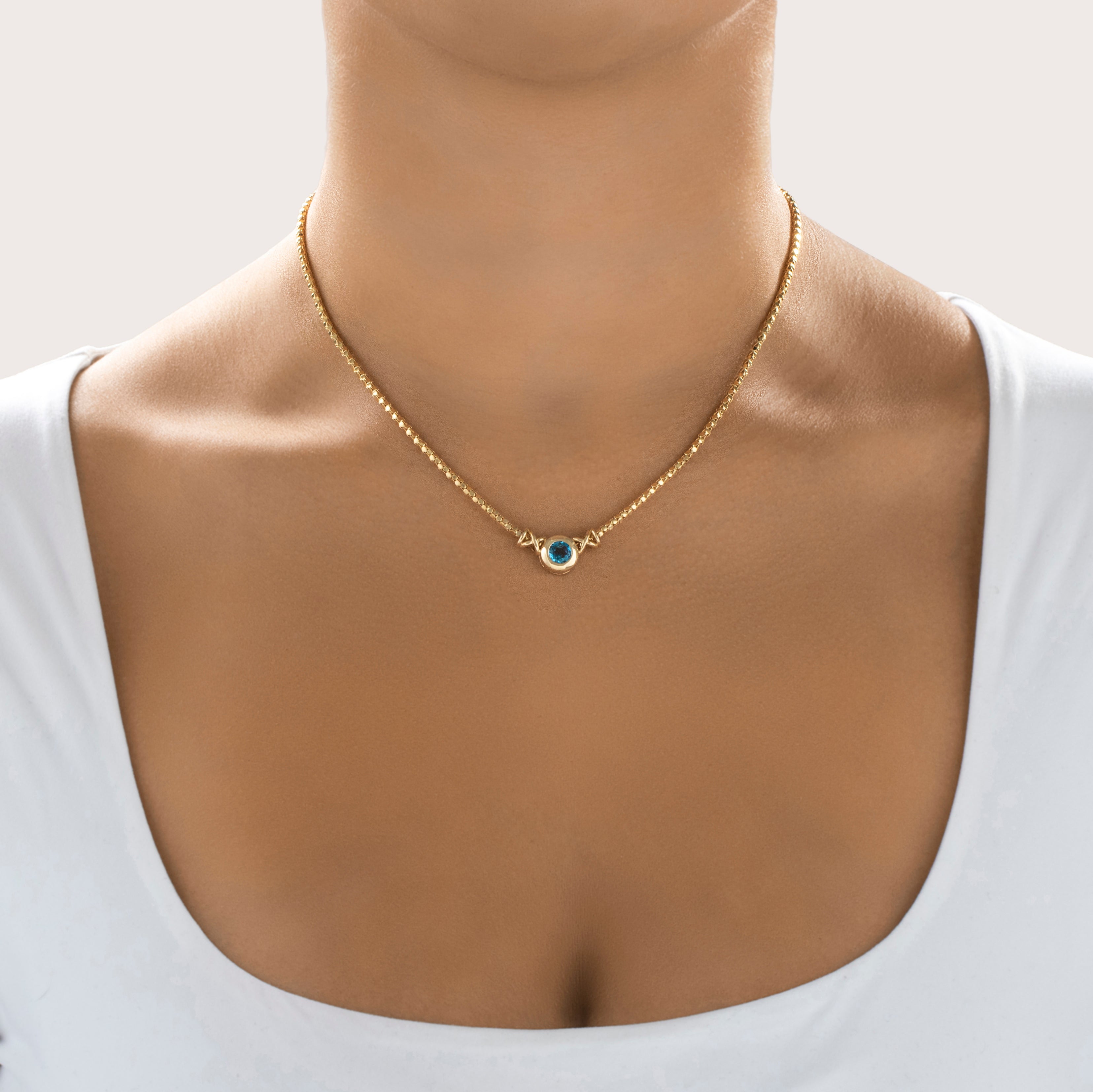 Vintage 14k Yellow Gold Blue Topaz Rounded Box Chain Necklace - On model view